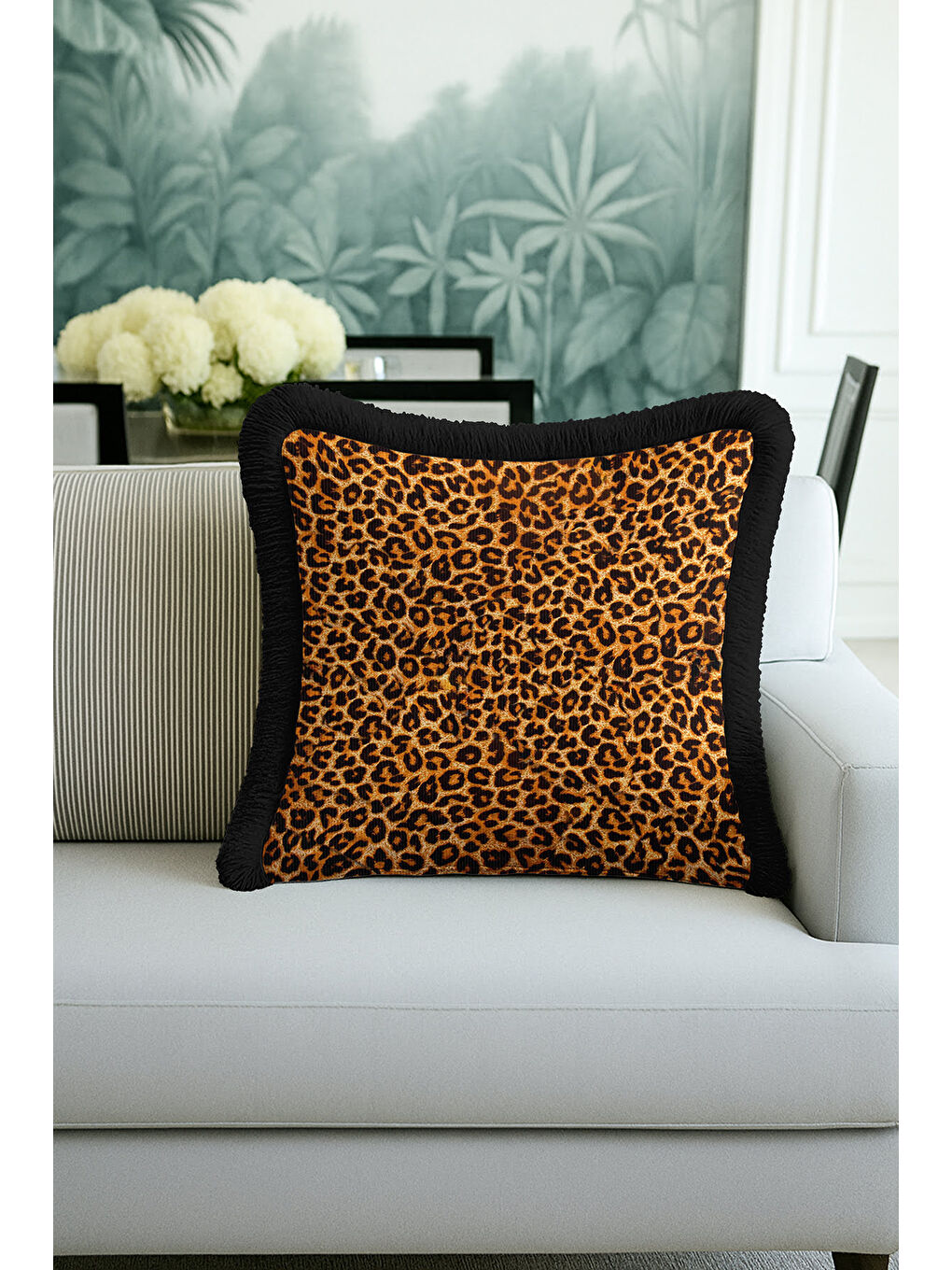 Karışık Lüks Leopar Saçaklı Yastık Kılıfı - Vahşi Bohem Siyah Altın Renkli Püsküllü Kırlent Kılıfı-2