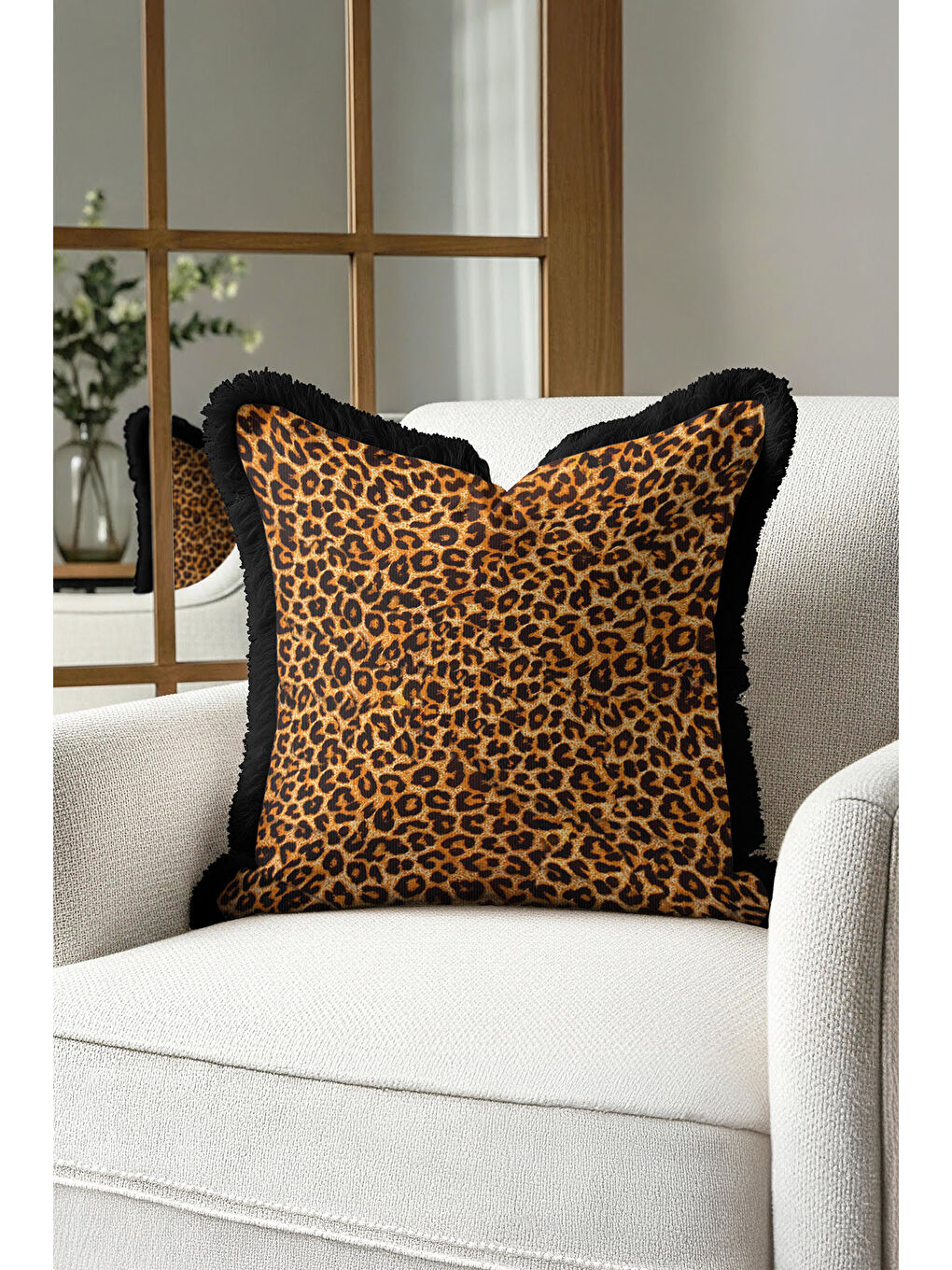 Karışık Lüks Leopar Saçaklı Yastık Kılıfı - Vahşi Bohem Siyah Altın Renkli Püsküllü Kırlent Kılıfı-4