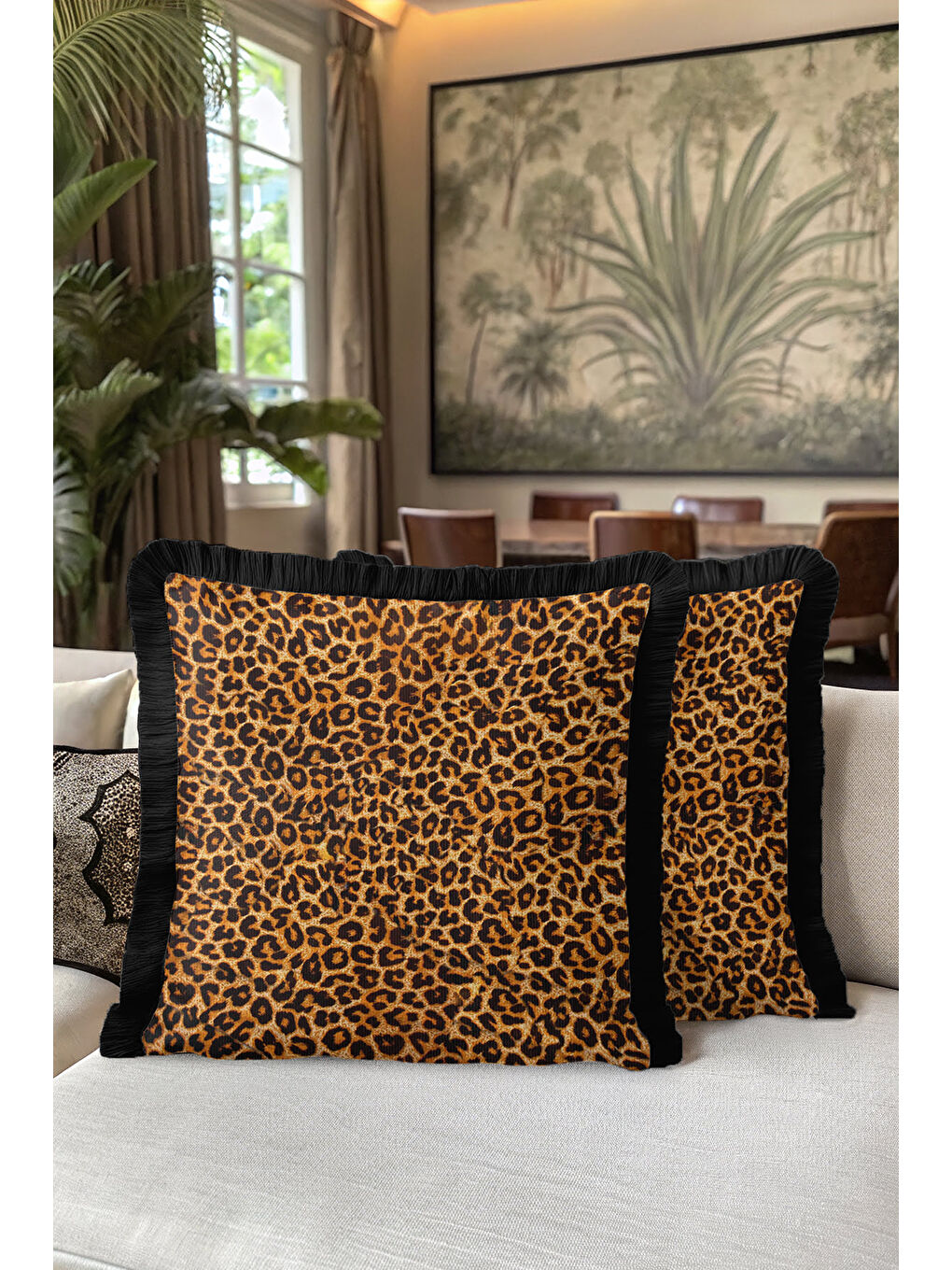 Karışık Lüks Leopar Saçaklı Yastık Kılıfı - Vahşi Bohem Siyah Altın Renkli Püsküllü Kırlent Kılıfı-5