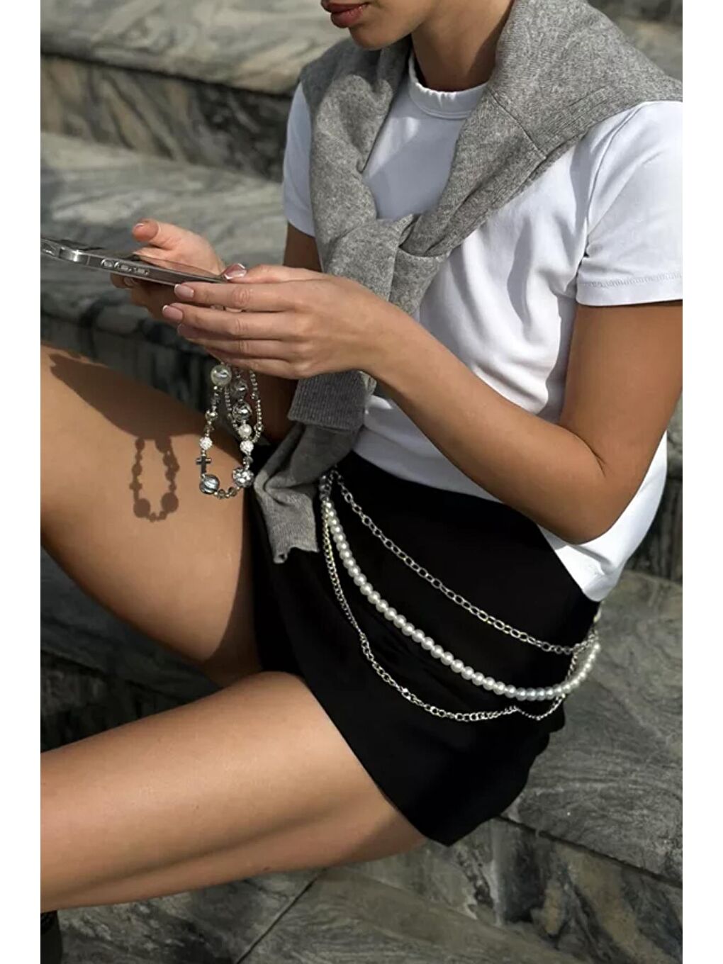 Beyaz Gotik Bel Zinciri Pantalon Askısı Kemer-3