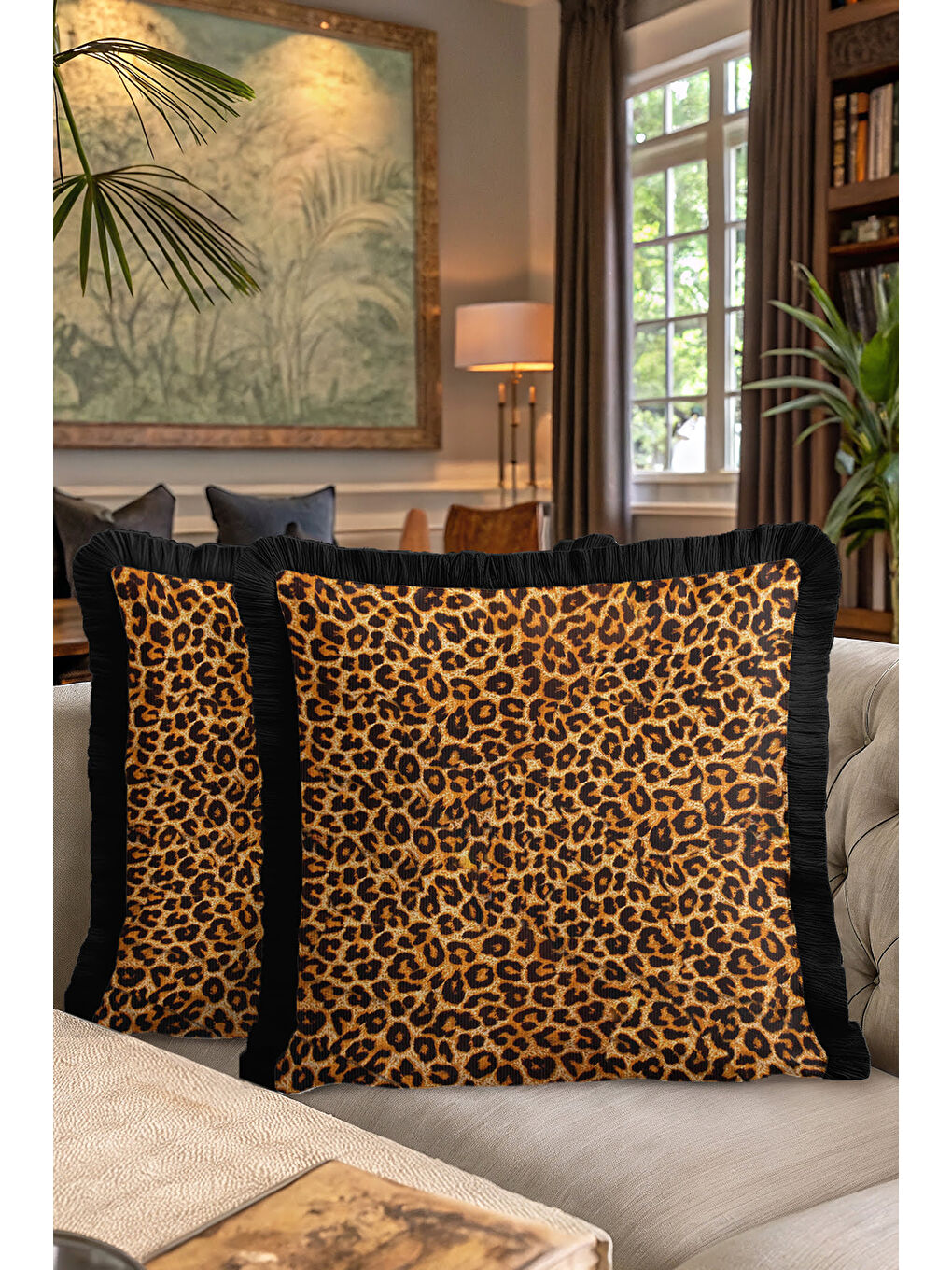 Karışık Lüks Leopar Saçaklı Yastık Kılıfı - Vahşi Bohem Siyah Altın Renkli Püsküllü Kırlent Kılıfı-7