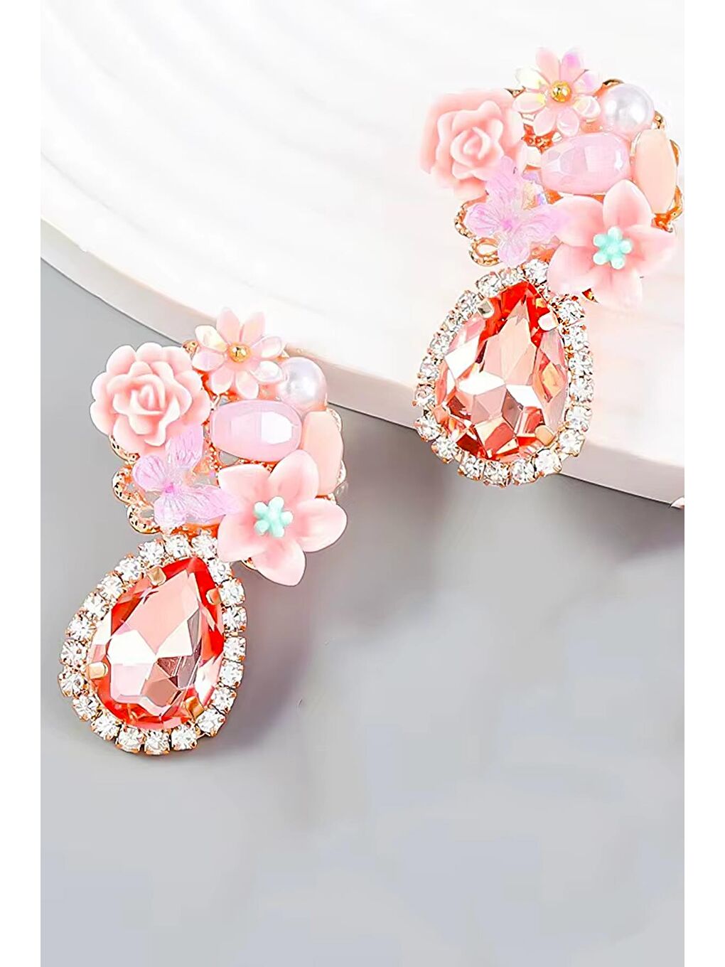 Pembe Peach Fantasy Taşlı Abiye Küpe-2