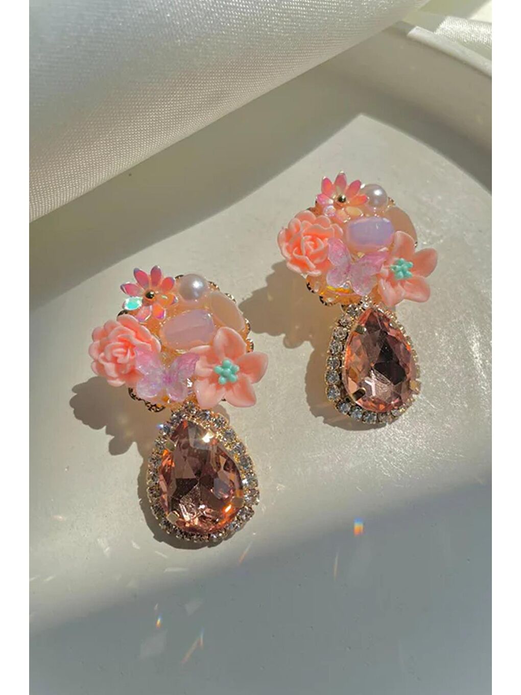 Pembe Peach Fantasy Taşlı Abiye Küpe-5