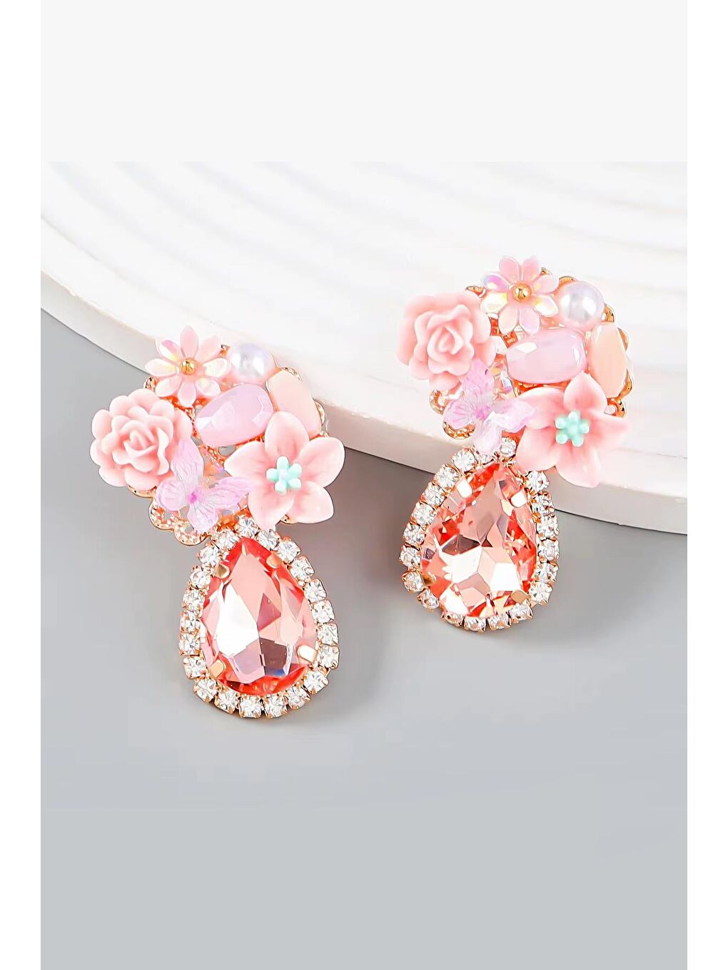 Pembe Peach Fantasy Taşlı Abiye Küpe-8