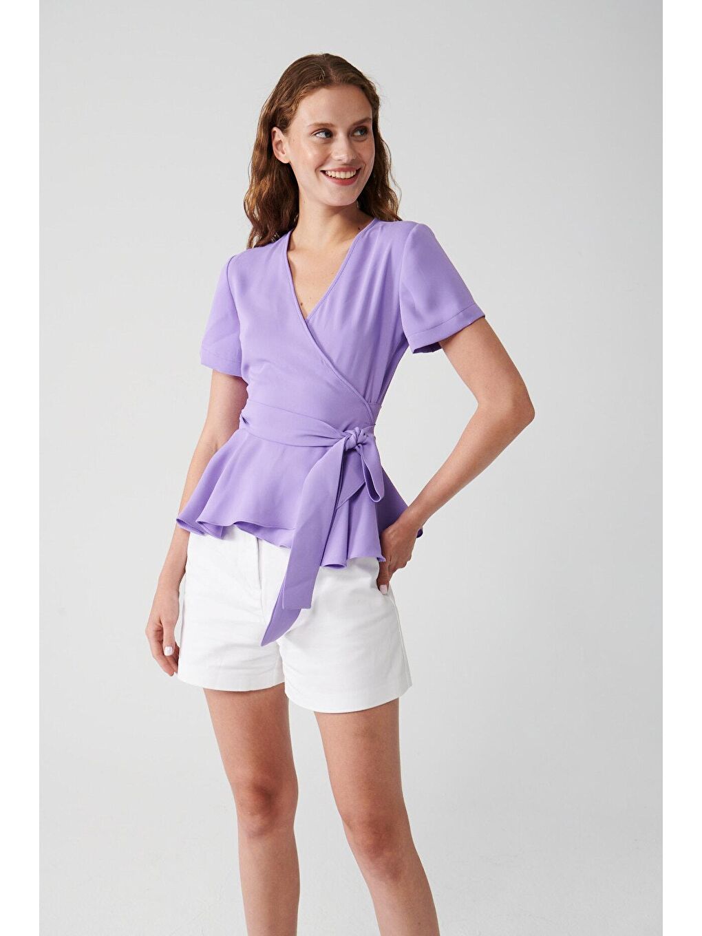 Lila Belden Bağlamalı Kruvaze Bluz