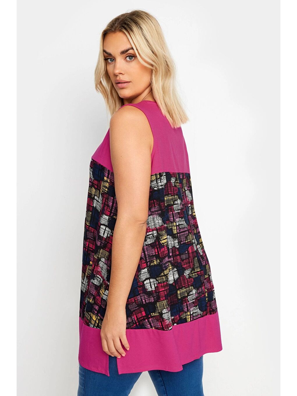 Pembe Büyük Beden Sıfır Kol V Yaka Desenli Elastanlı Bluz 303349-4