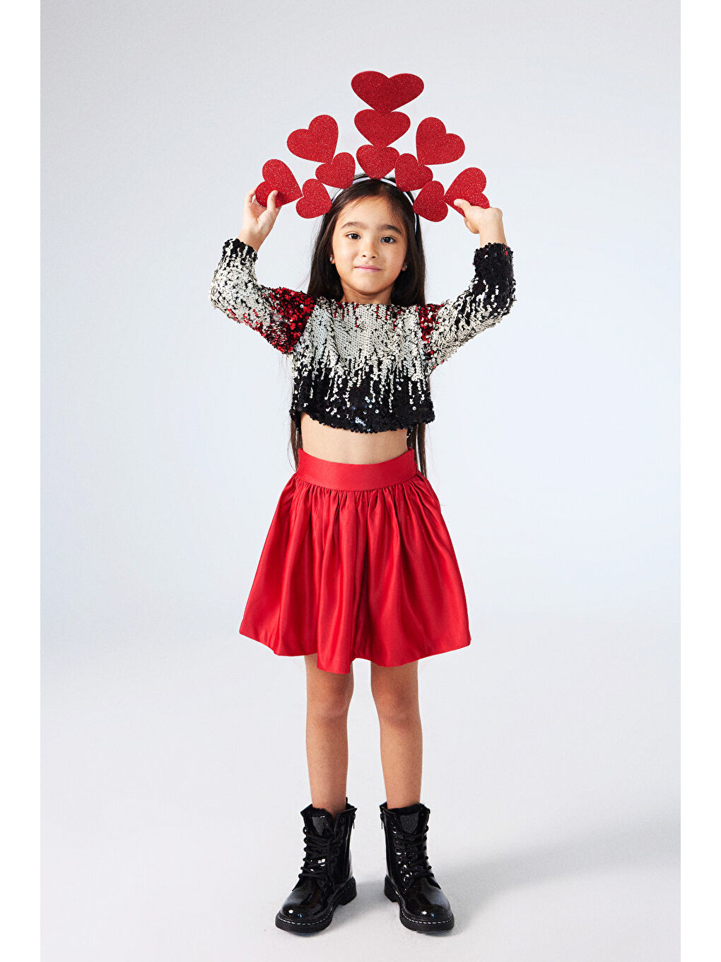 Kırmızı Payetli Etek Crop Kız Çocuk İkili Takım - Beatrice-1