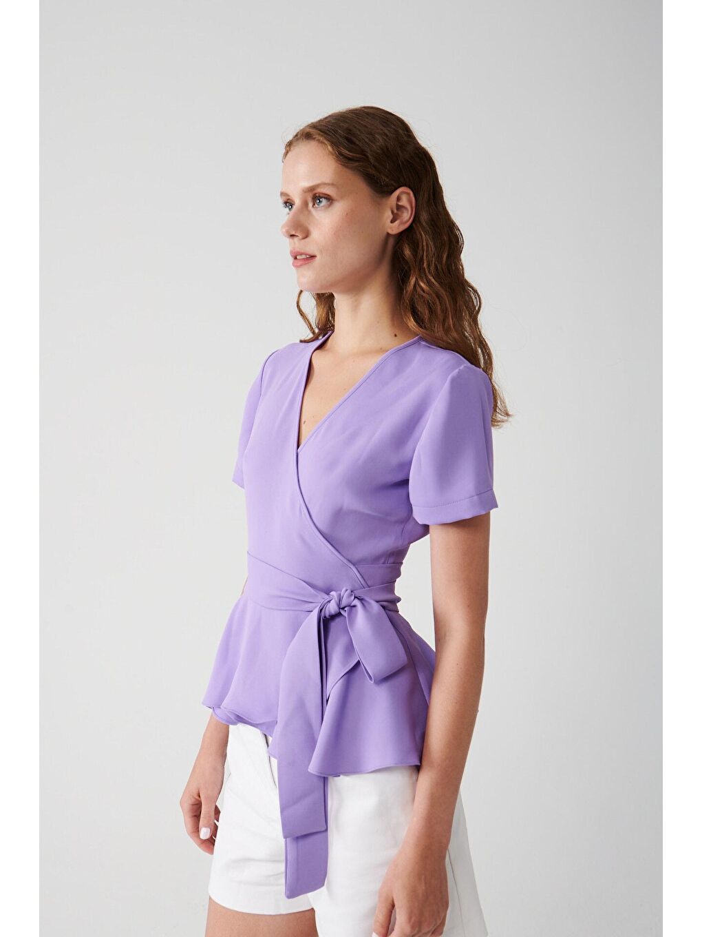 Lila Belden Bağlamalı Kruvaze Bluz-1