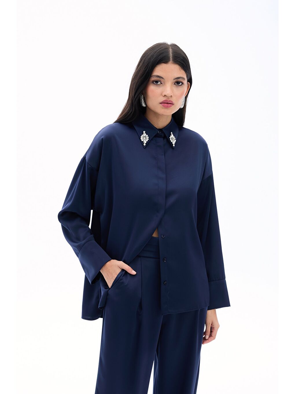 Aksesuar Detaylı Gömlek - Lacivert