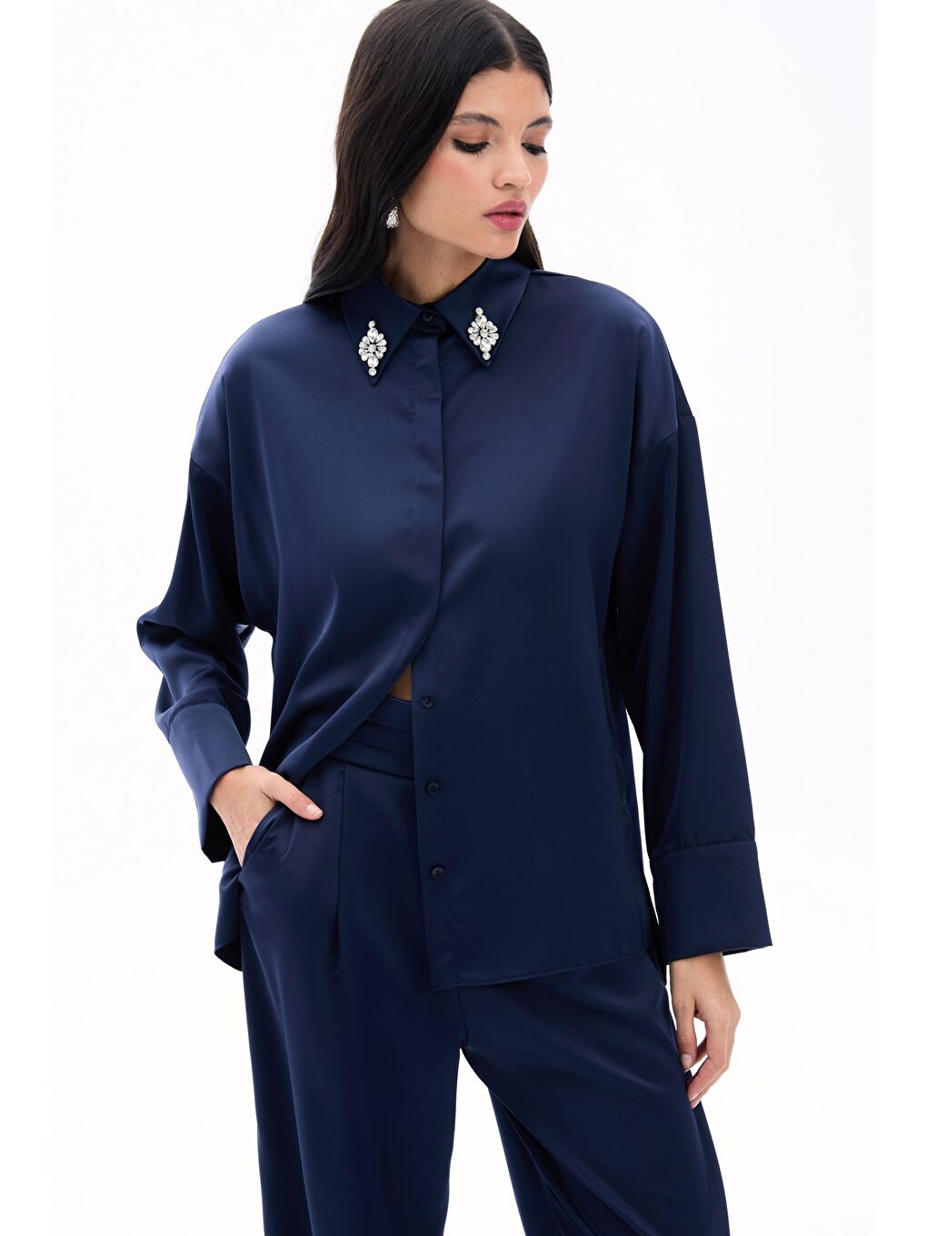 Aksesuar Detaylı Gömlek - Lacivert-2