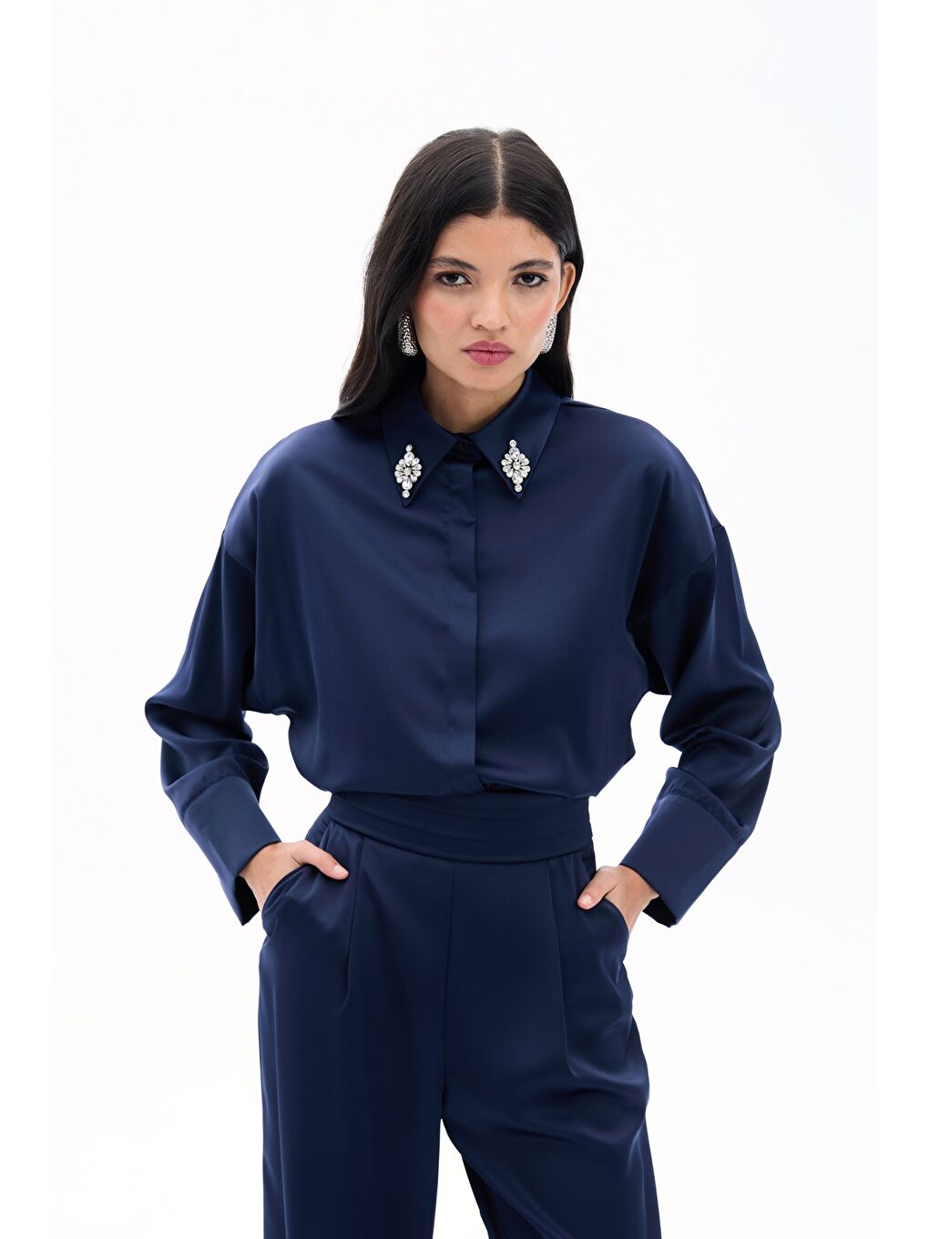 Aksesuar Detaylı Gömlek - Lacivert-3