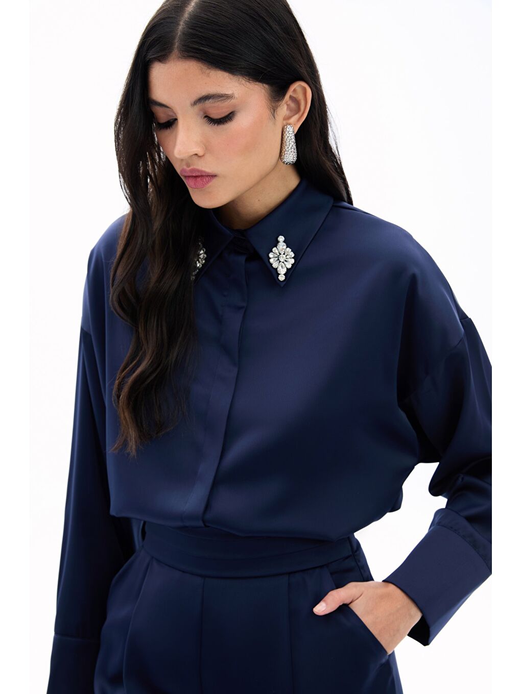Aksesuar Detaylı Gömlek - Lacivert-4