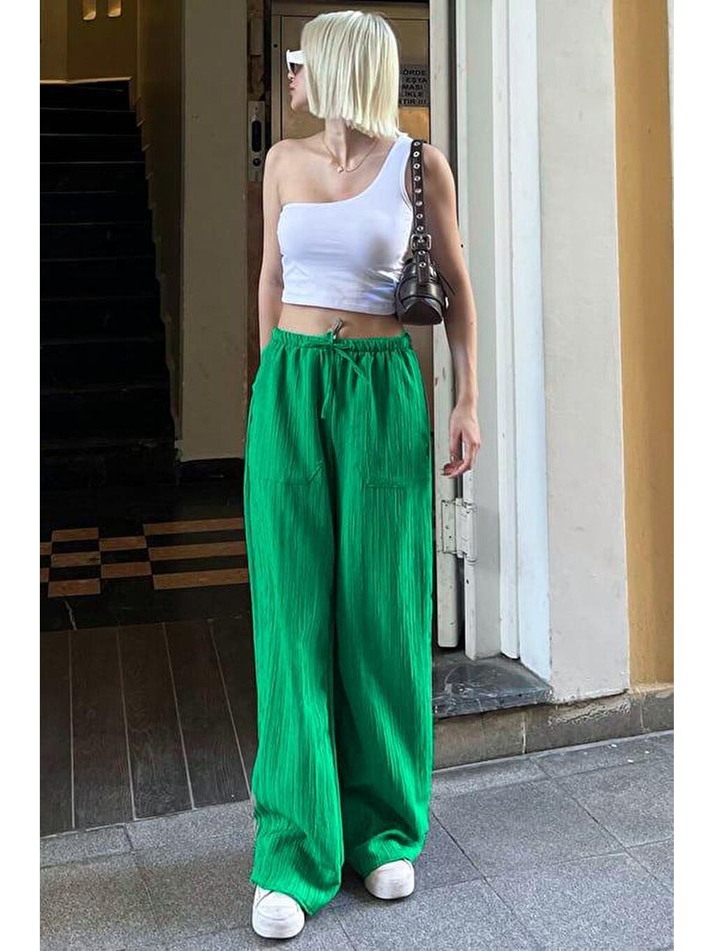 Yeşil Kahverengi Cepli Bol Paça Kadın Pantolon Mg1882-1