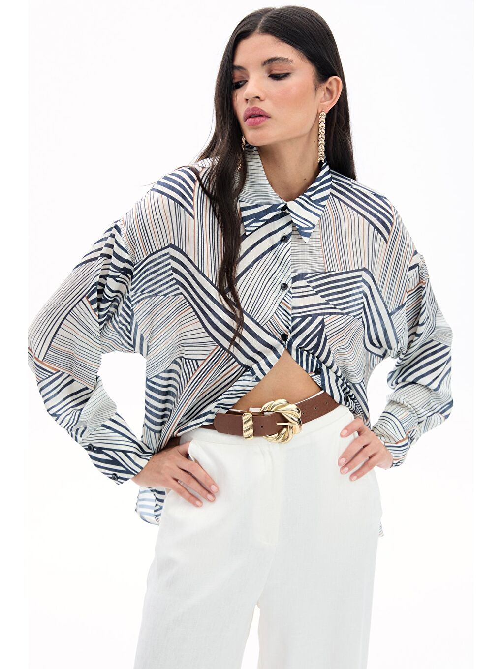 Çizgi Desenli Salaş Gömlek - Siyah-3