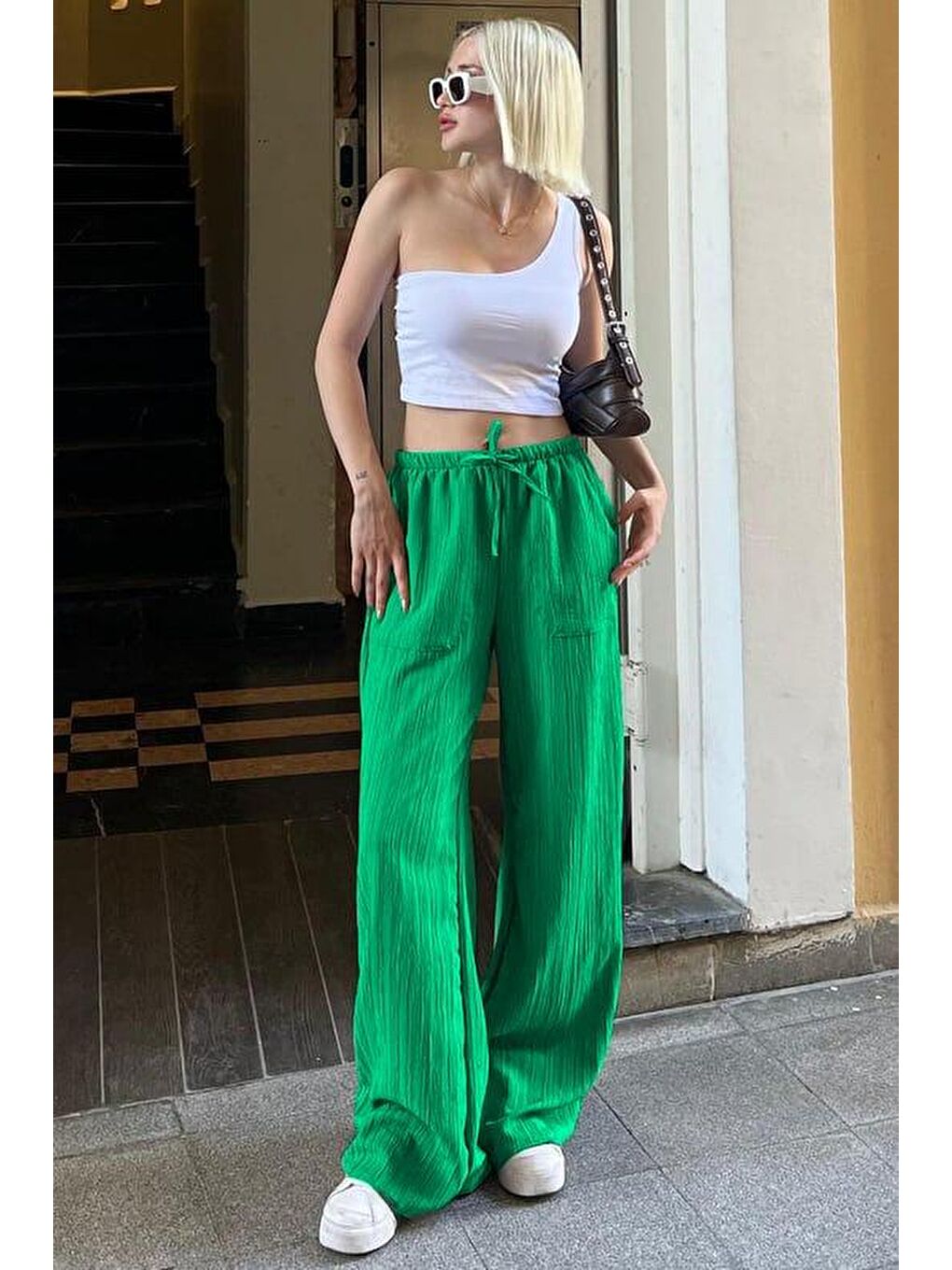 Yeşil Kahverengi Cepli Bol Paça Kadın Pantolon Mg1882-2