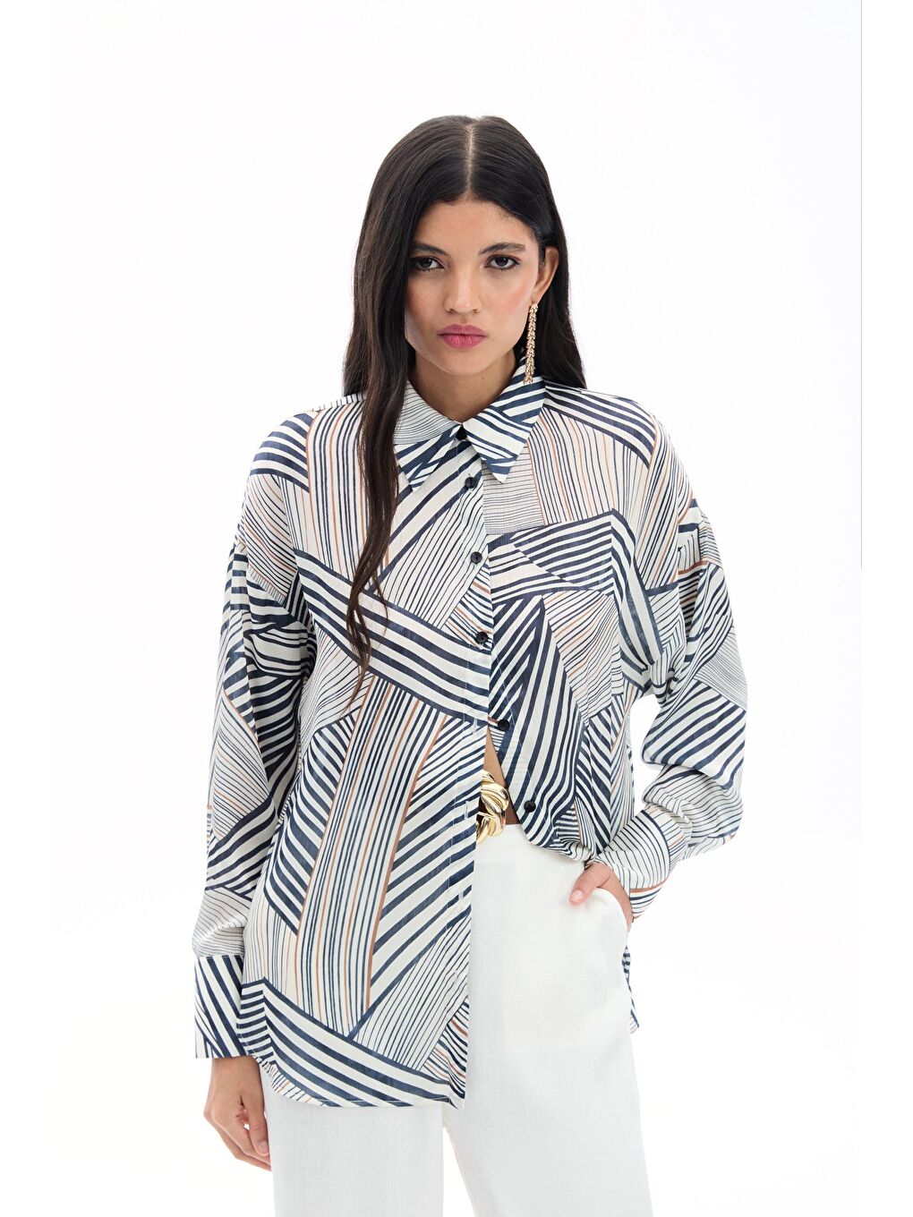 Çizgi Desenli Salaş Gömlek - Siyah-4