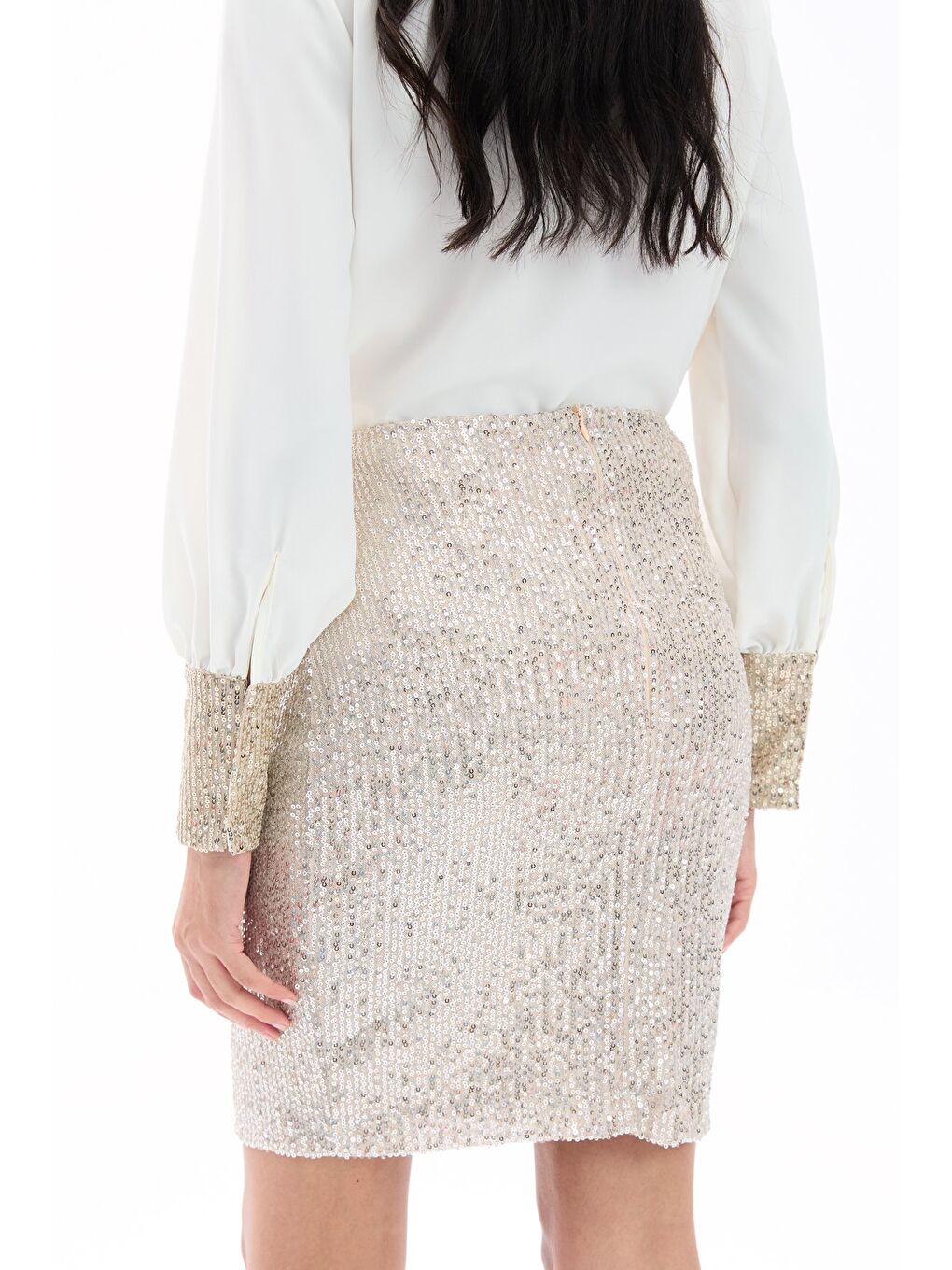 Payetli Mini Etek - Açık Bej-4