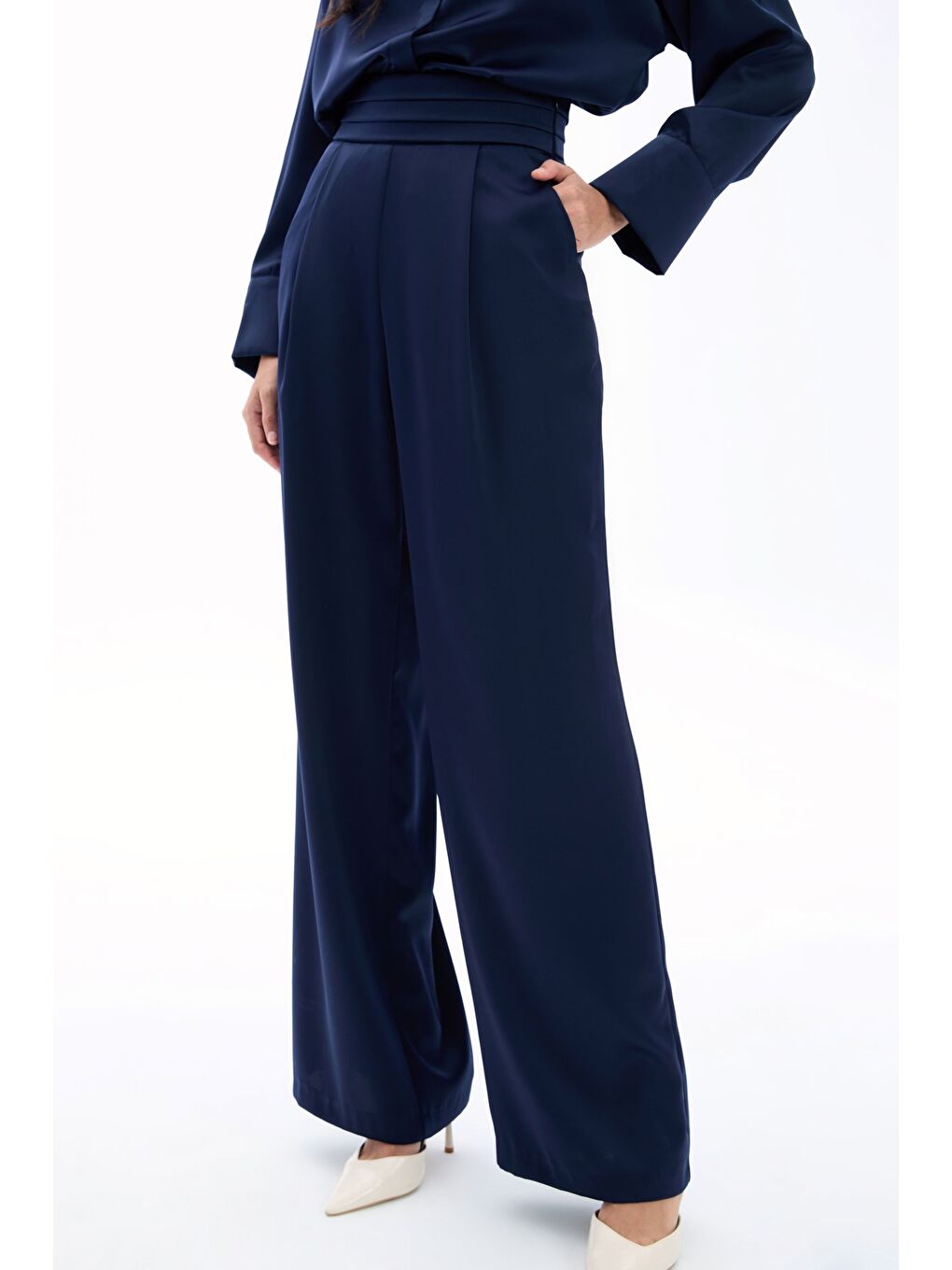 Cepli Salaş Saten Pantolon - Lacivert-4