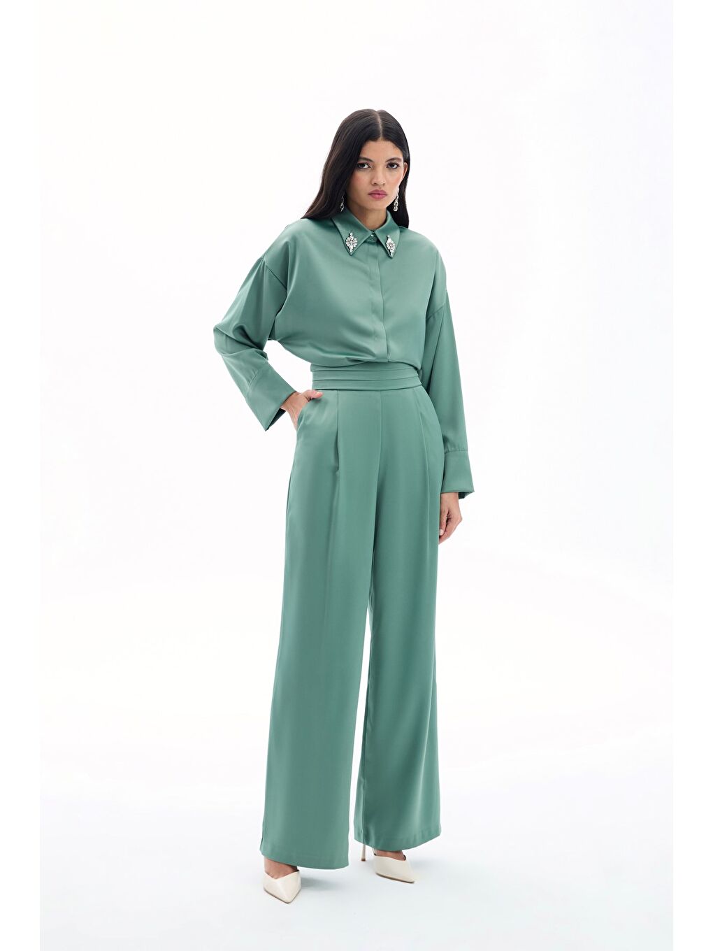 Cepli Salaş Saten Pantolon - Haki