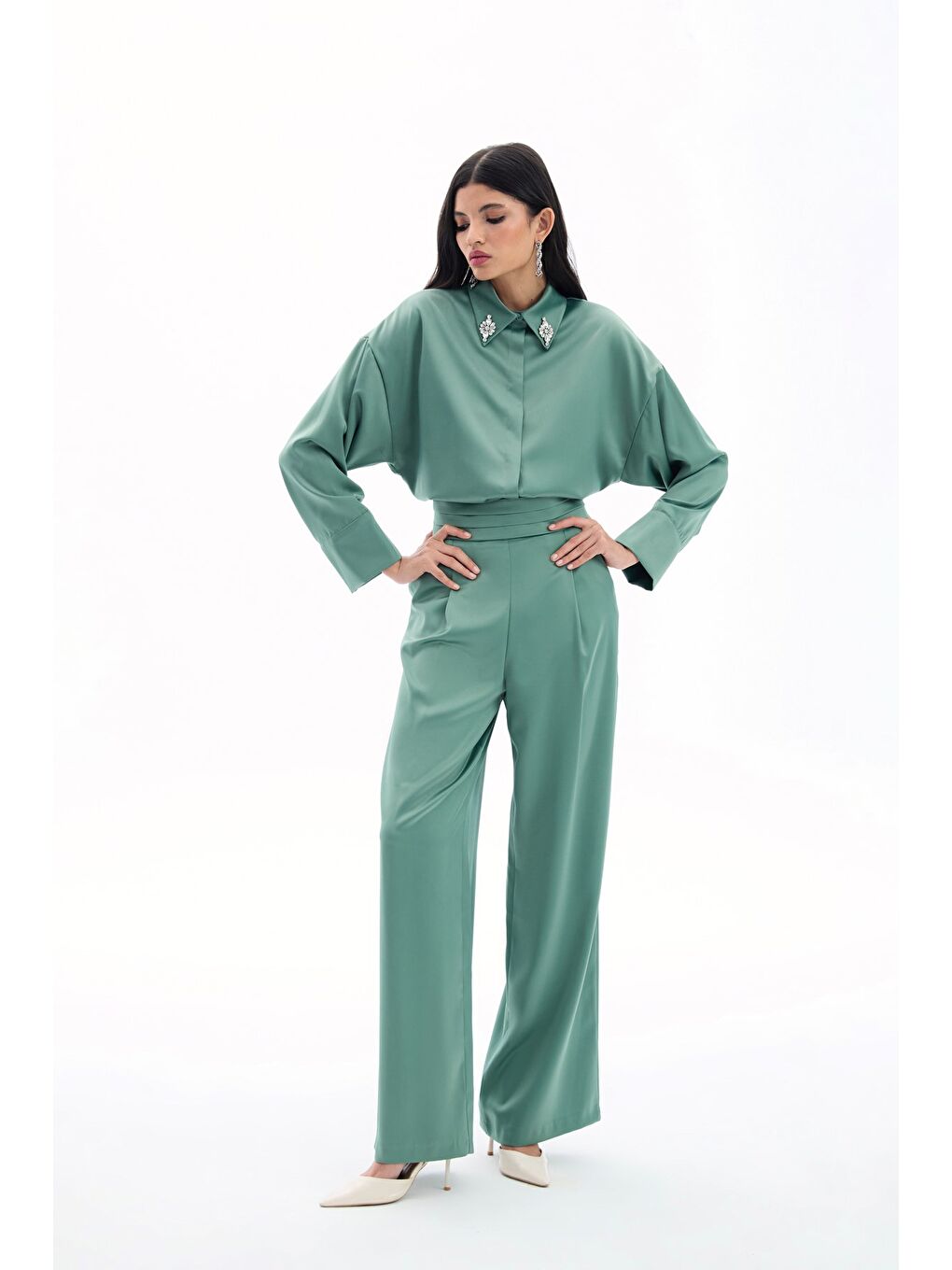 Cepli Salaş Saten Pantolon - Haki-2