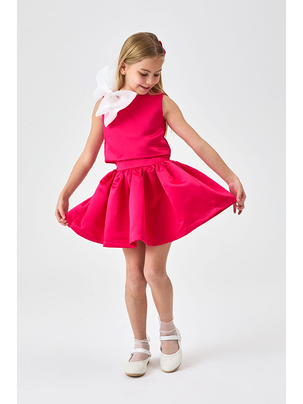 Fuşya Organze Fiyonklu Kız Çocuk İkili Takım - Gale-1