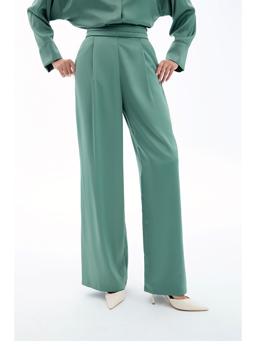 Cepli Salaş Saten Pantolon - Haki-4