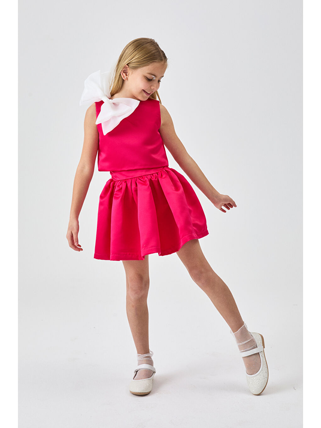 Fuşya Organze Fiyonklu Kız Çocuk İkili Takım - Gale-2