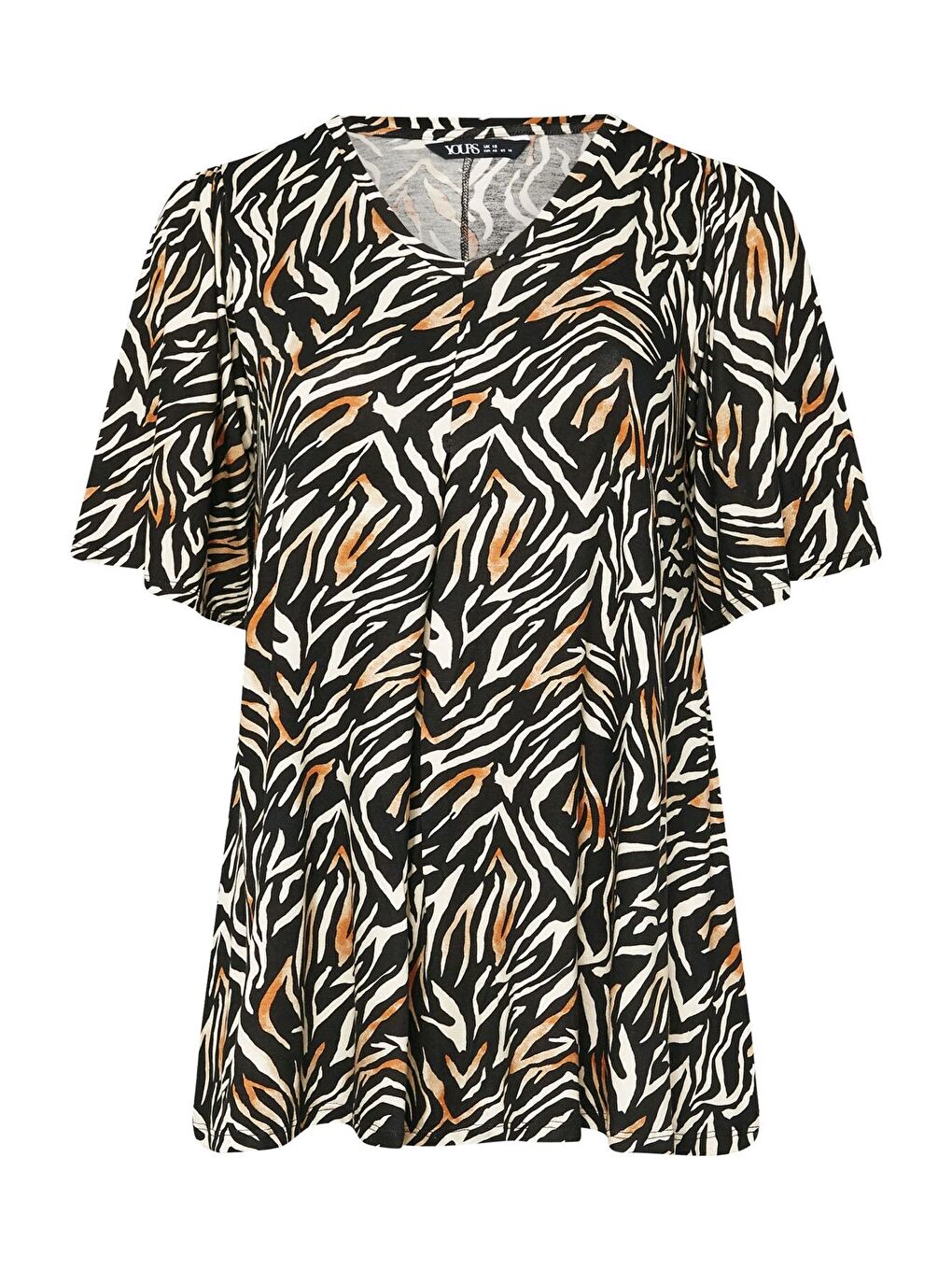 Siyah Büyük Beden V Yaka Ön Pileli Kısa Kollu Desenli Bluz 303726-5