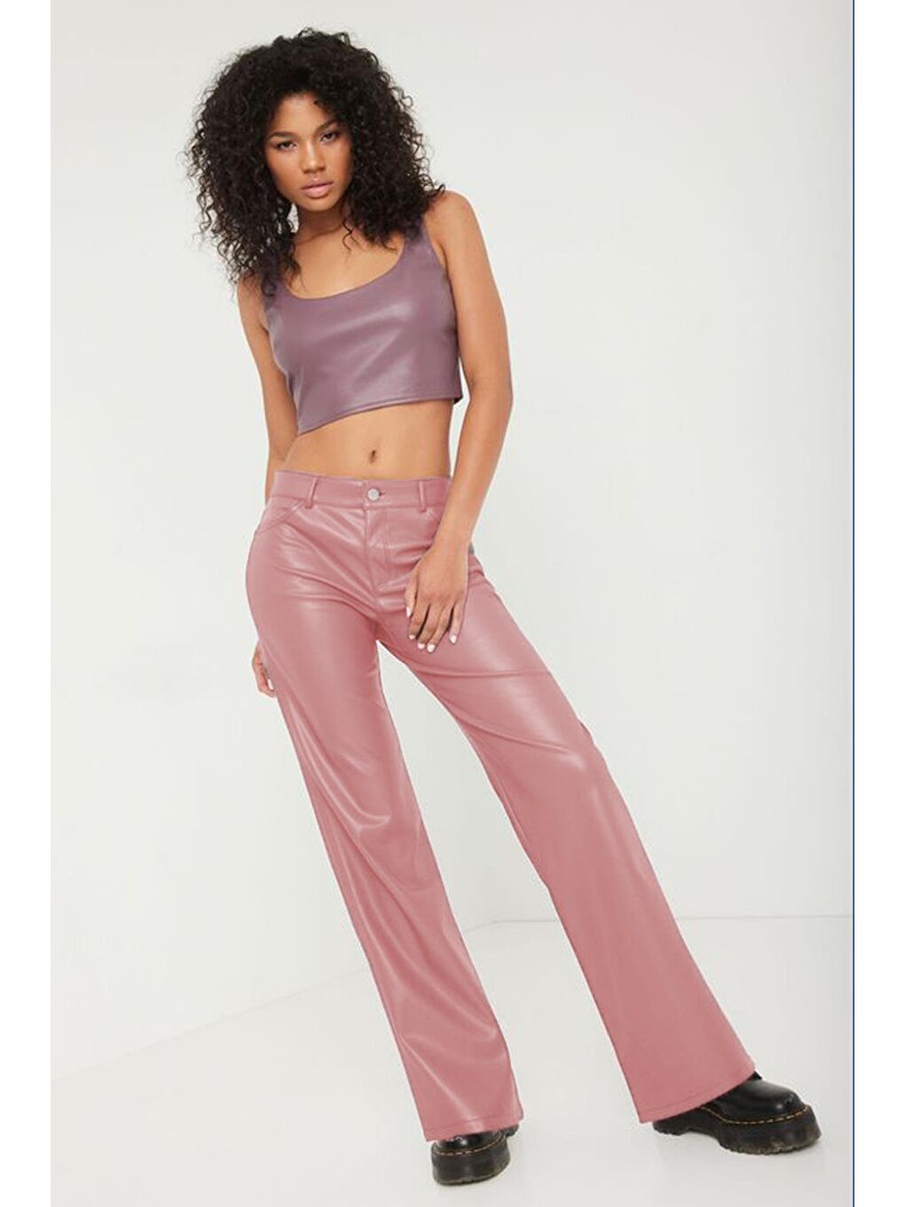 Pembe Siyah Deri Pantolon-3