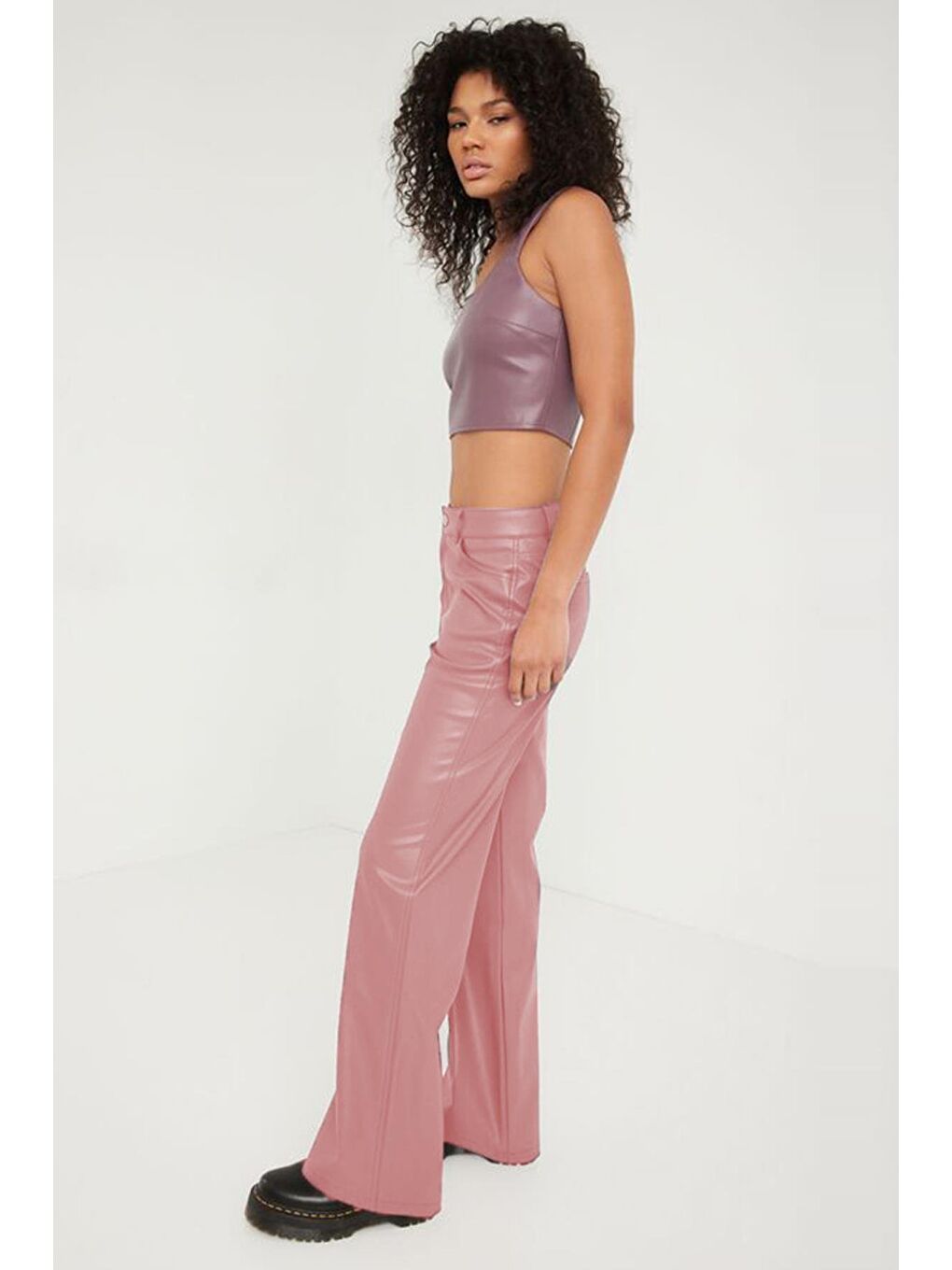 Pembe Siyah Deri Pantolon-4