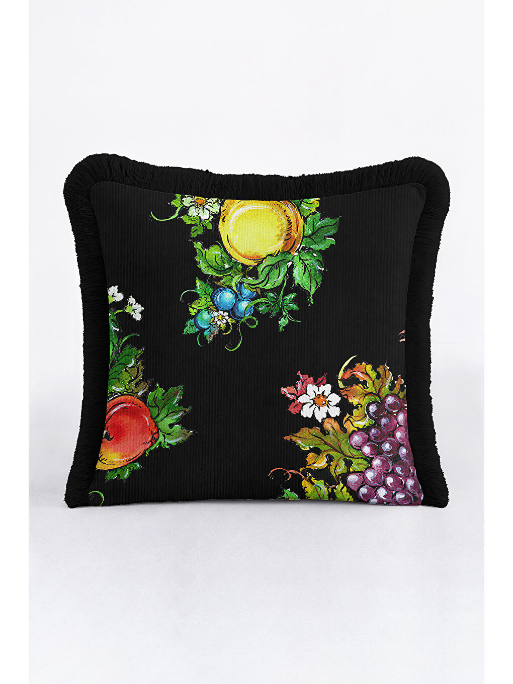 Karışık Barok Meyve Bahçesi Saçaklı Yastık Kılıfı - Canlı Üzüm Çiçek Country Siyah Püsküllü Kırlent Kılıfı