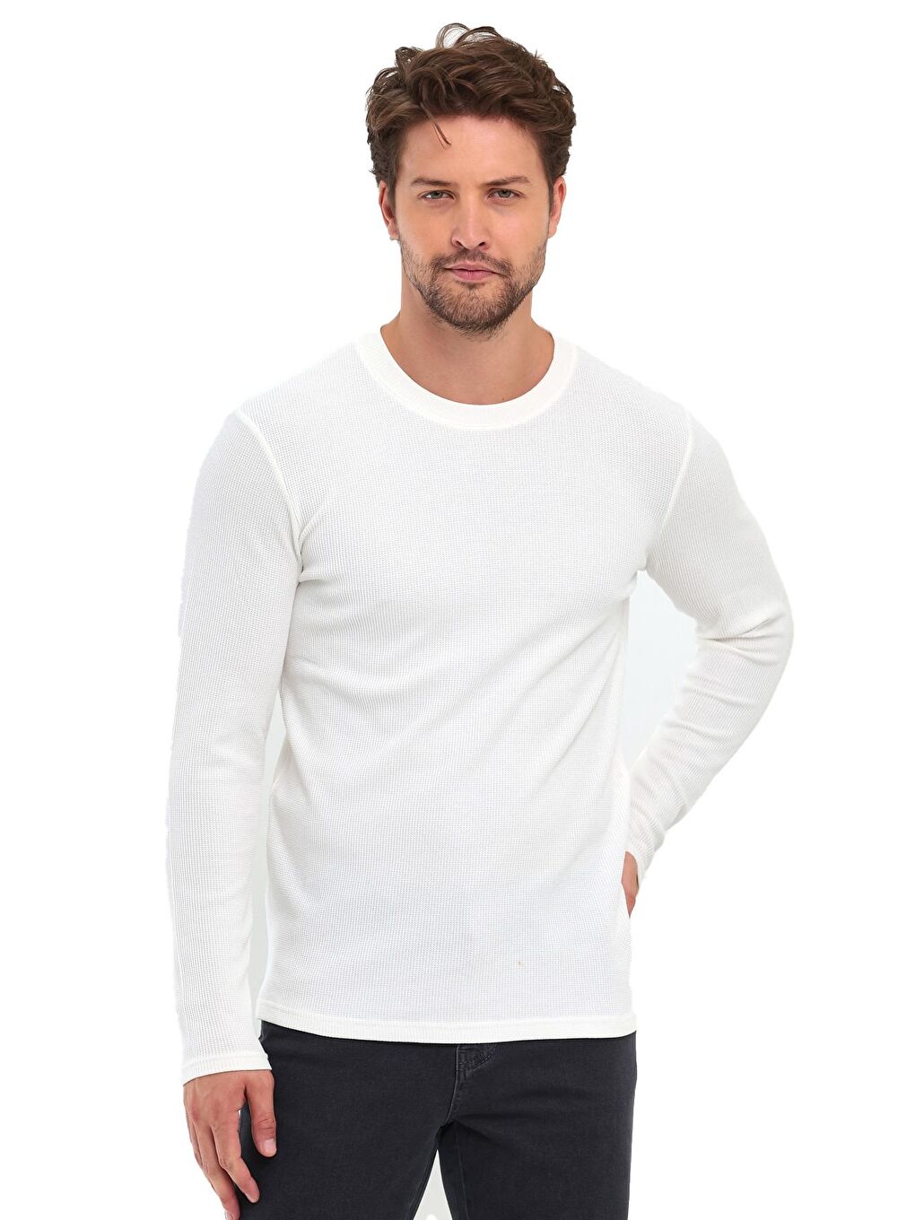 Ekru Bisiklet Yaka Erkek Sweatshirt