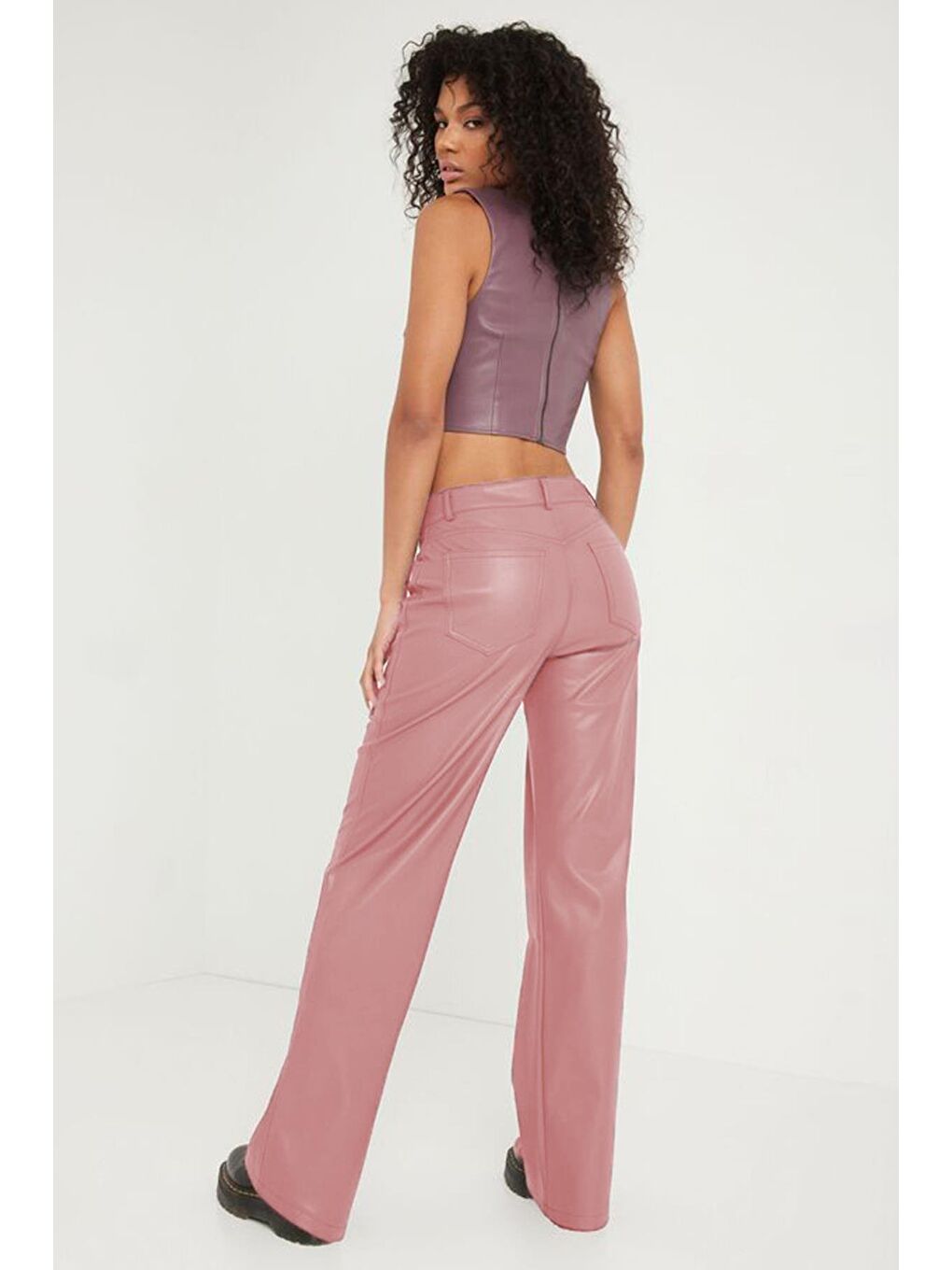 Pembe Siyah Deri Pantolon-5