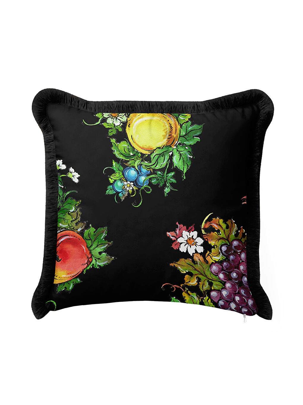 Karışık Barok Meyve Bahçesi Saçaklı Yastık Kılıfı - Canlı Üzüm Çiçek Country Siyah Püsküllü Kırlent Kılıfı-1