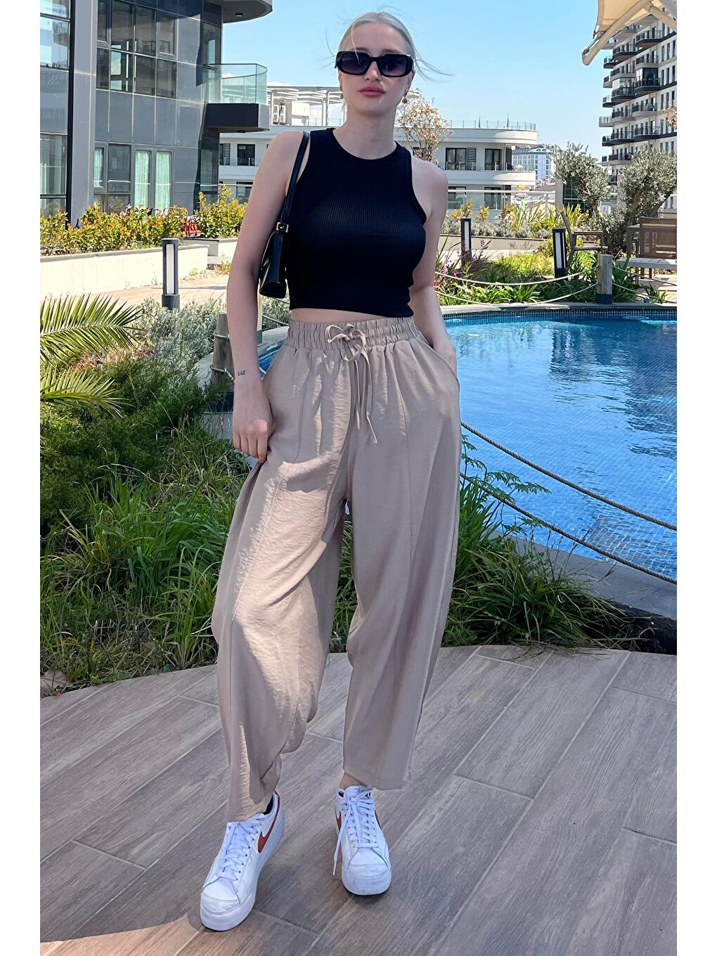 Ekru Beli Lastikli Balon Pantolon Mg1841-1