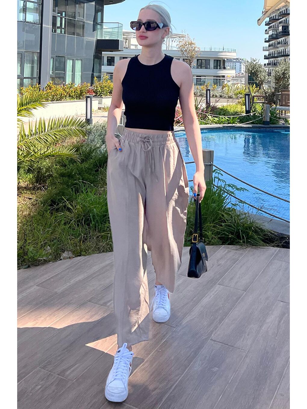 Ekru Beli Lastikli Balon Pantolon Mg1841-2