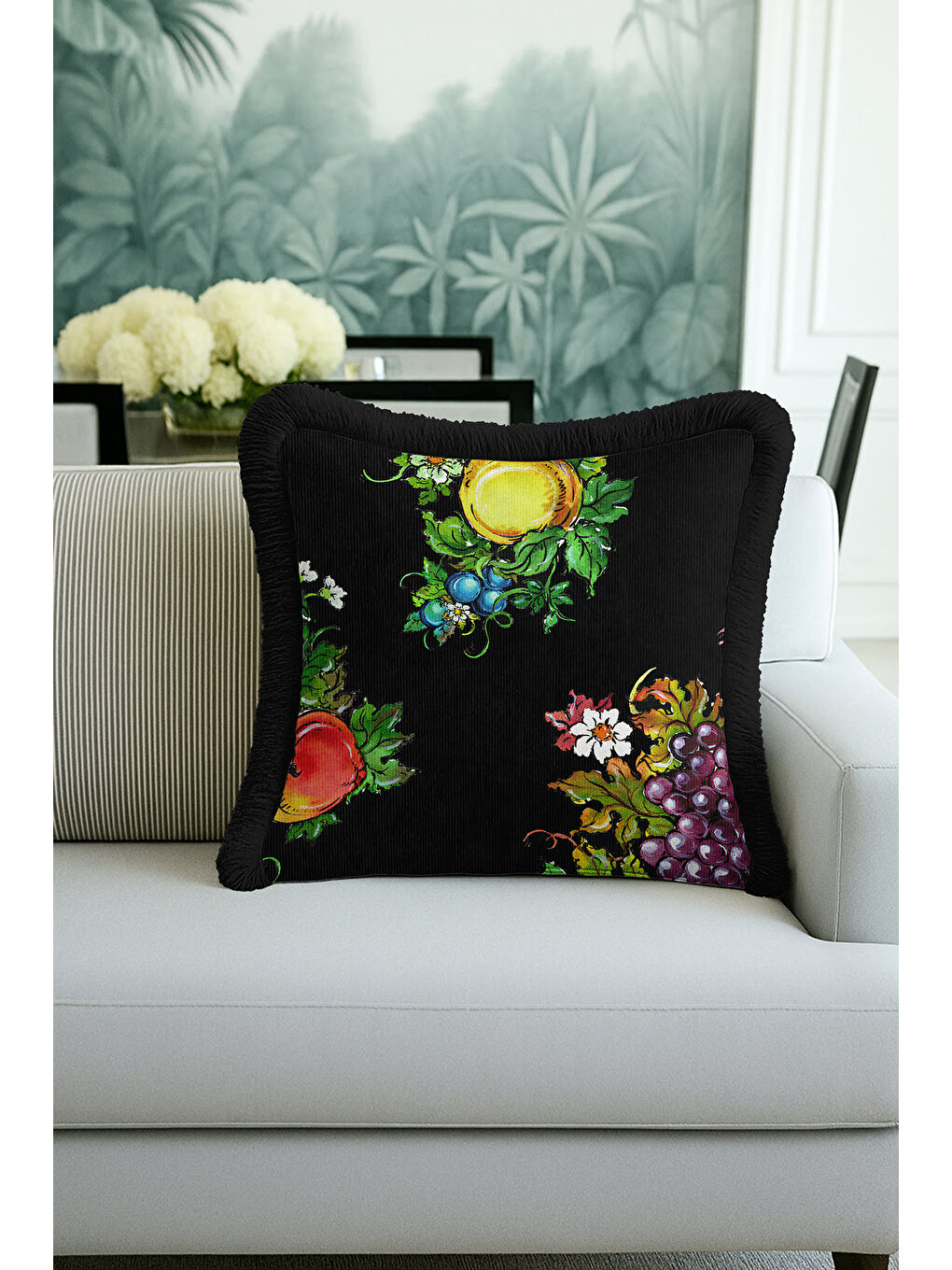 Karışık Barok Meyve Bahçesi Saçaklı Yastık Kılıfı - Canlı Üzüm Çiçek Country Siyah Püsküllü Kırlent Kılıfı-3