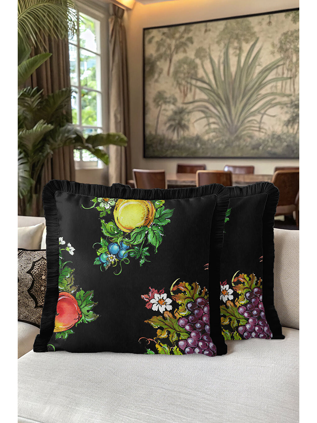 Karışık Barok Meyve Bahçesi Saçaklı Yastık Kılıfı - Canlı Üzüm Çiçek Country Siyah Püsküllü Kırlent Kılıfı-5