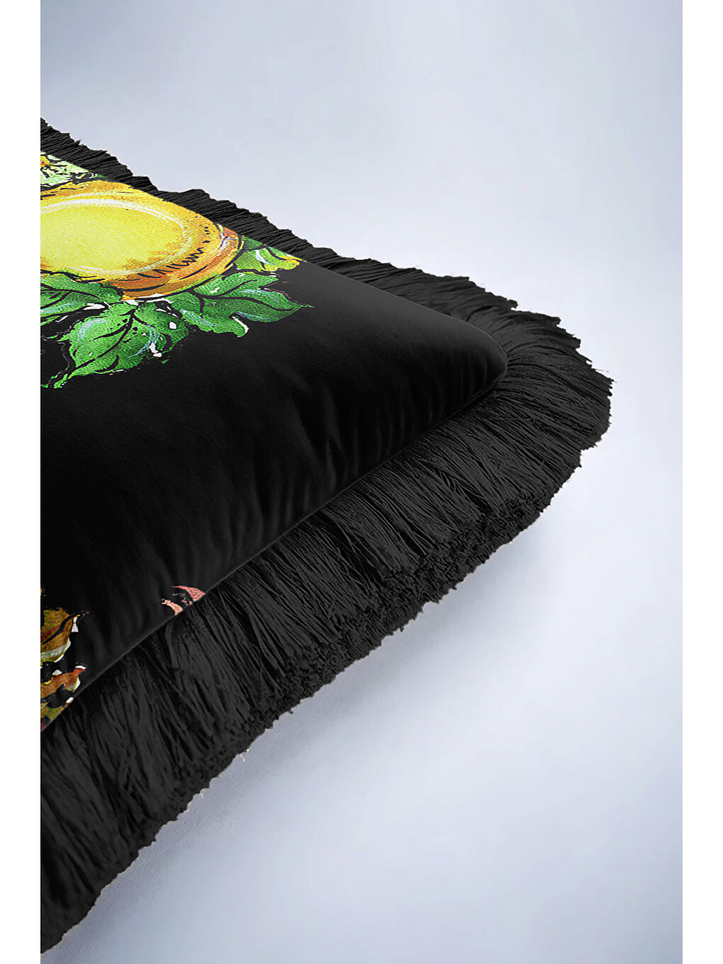 Karışık Barok Meyve Bahçesi Saçaklı Yastık Kılıfı - Canlı Üzüm Çiçek Country Siyah Püsküllü Kırlent Kılıfı-6