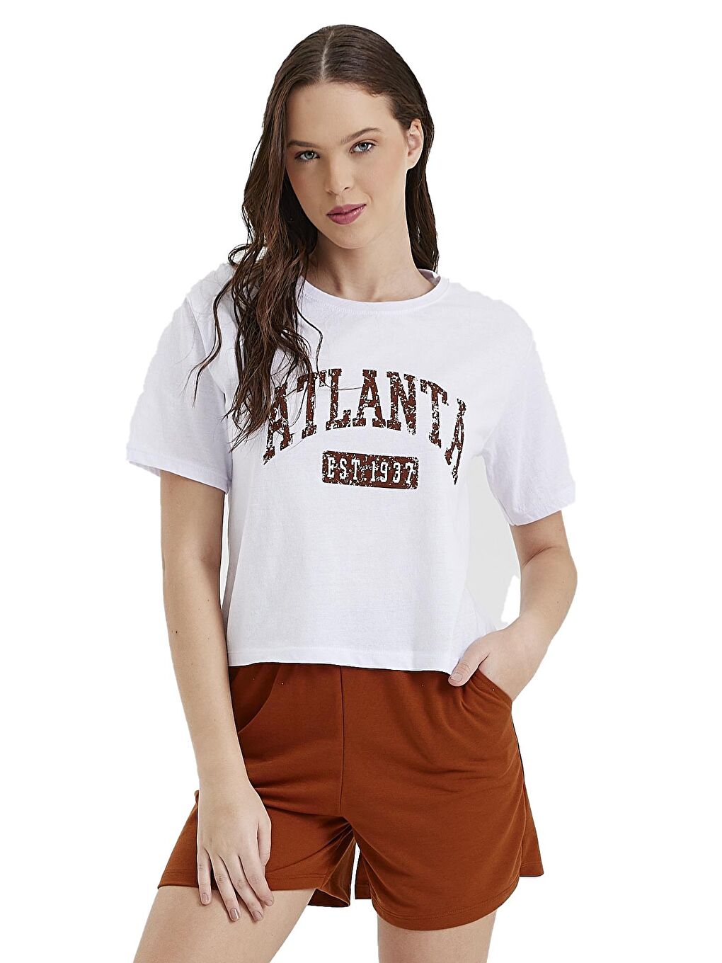 Kahverengi Kadın Yazı Baskılı Tişört