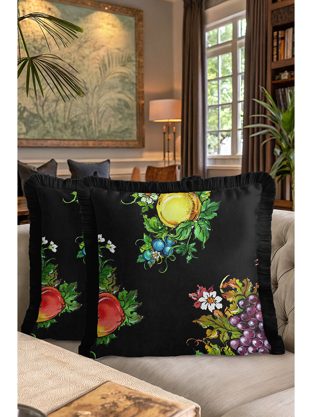 Karışık Barok Meyve Bahçesi Saçaklı Yastık Kılıfı - Canlı Üzüm Çiçek Country Siyah Püsküllü Kırlent Kılıfı-7