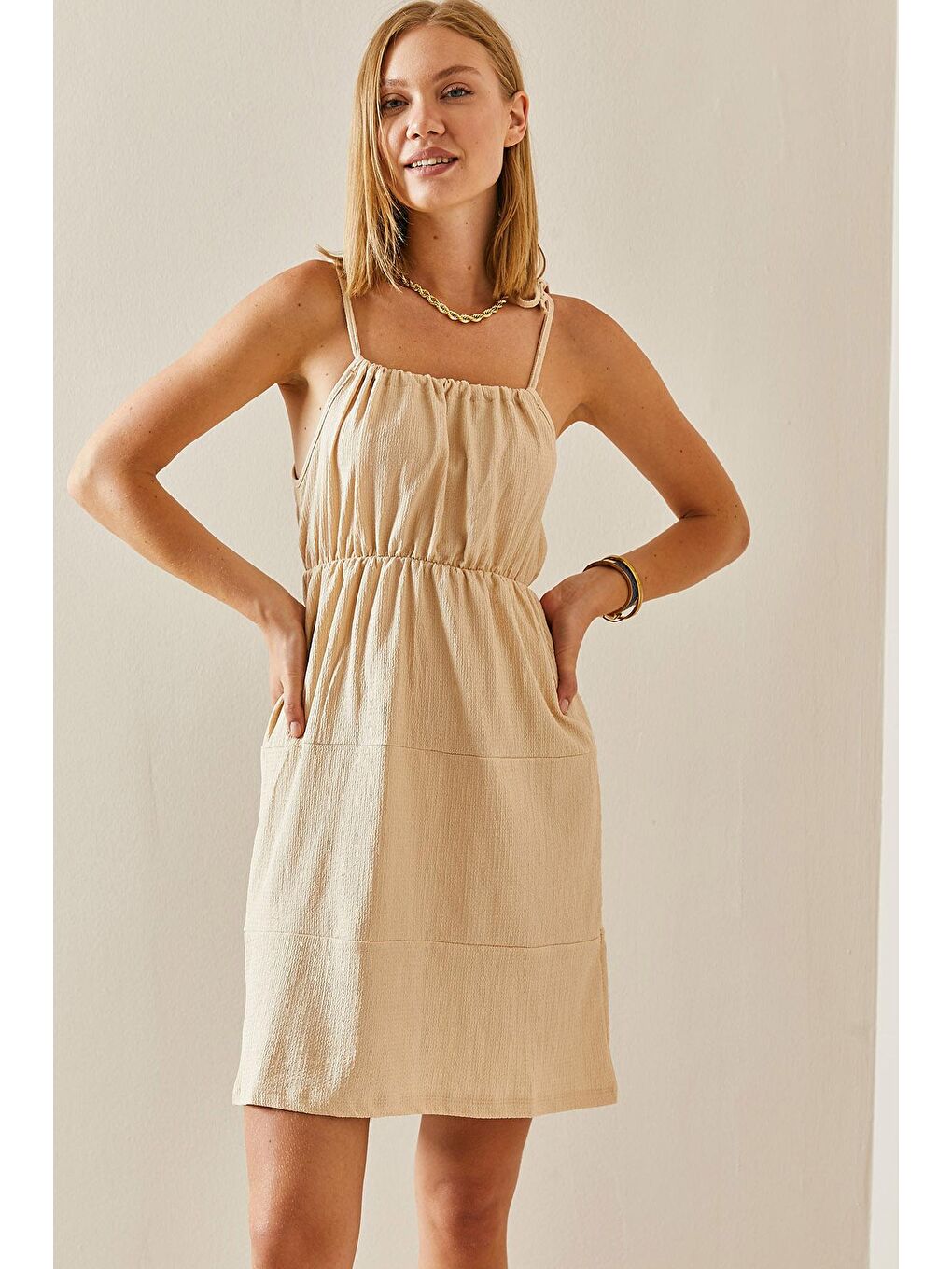 Bej Dokulu Boncuk Askılı Elbise 3YXK6-47449-25