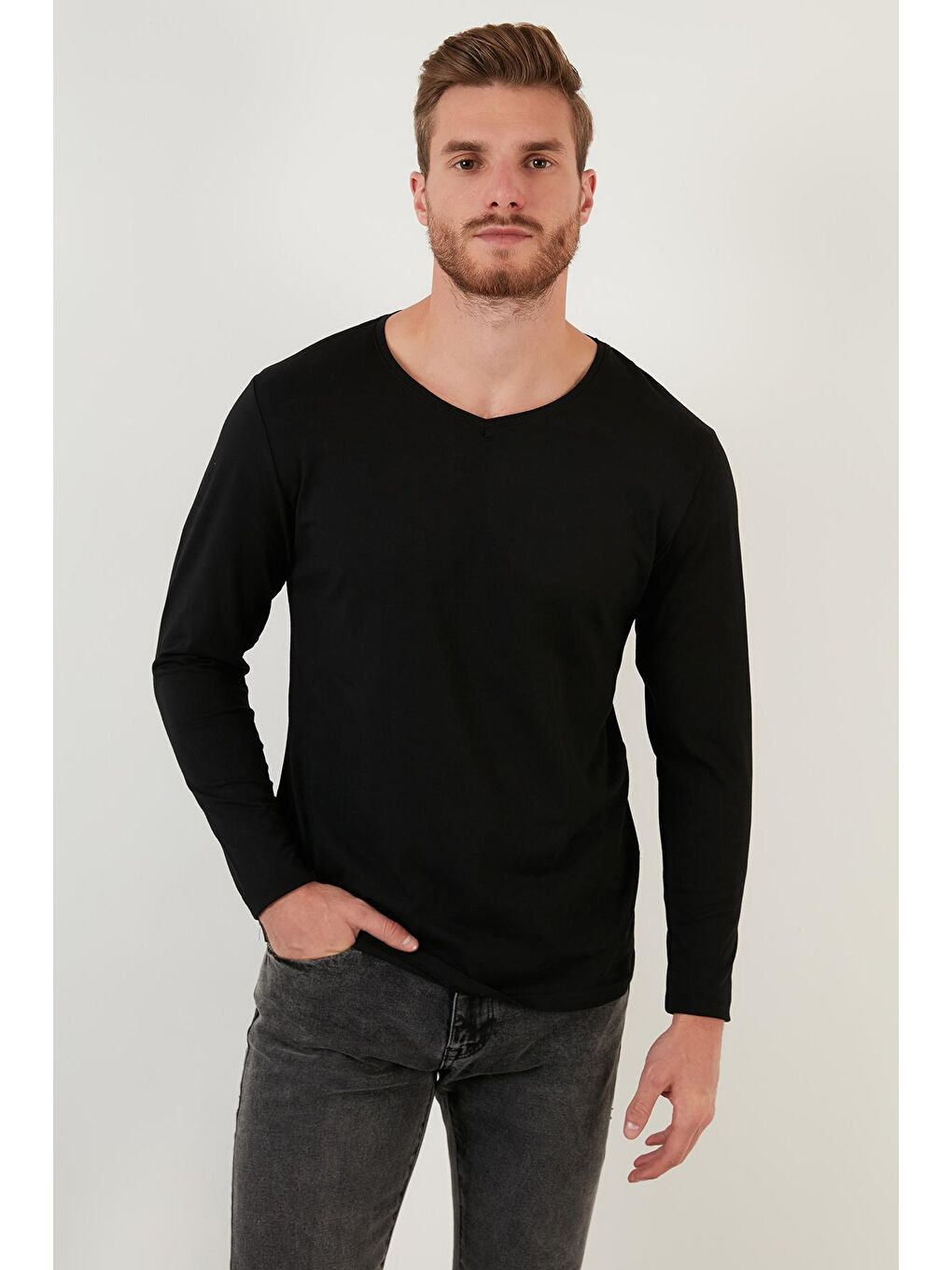 Siyah Pamuklu Bisiklet Yaka Slim Fit Basic Sweat 5905068