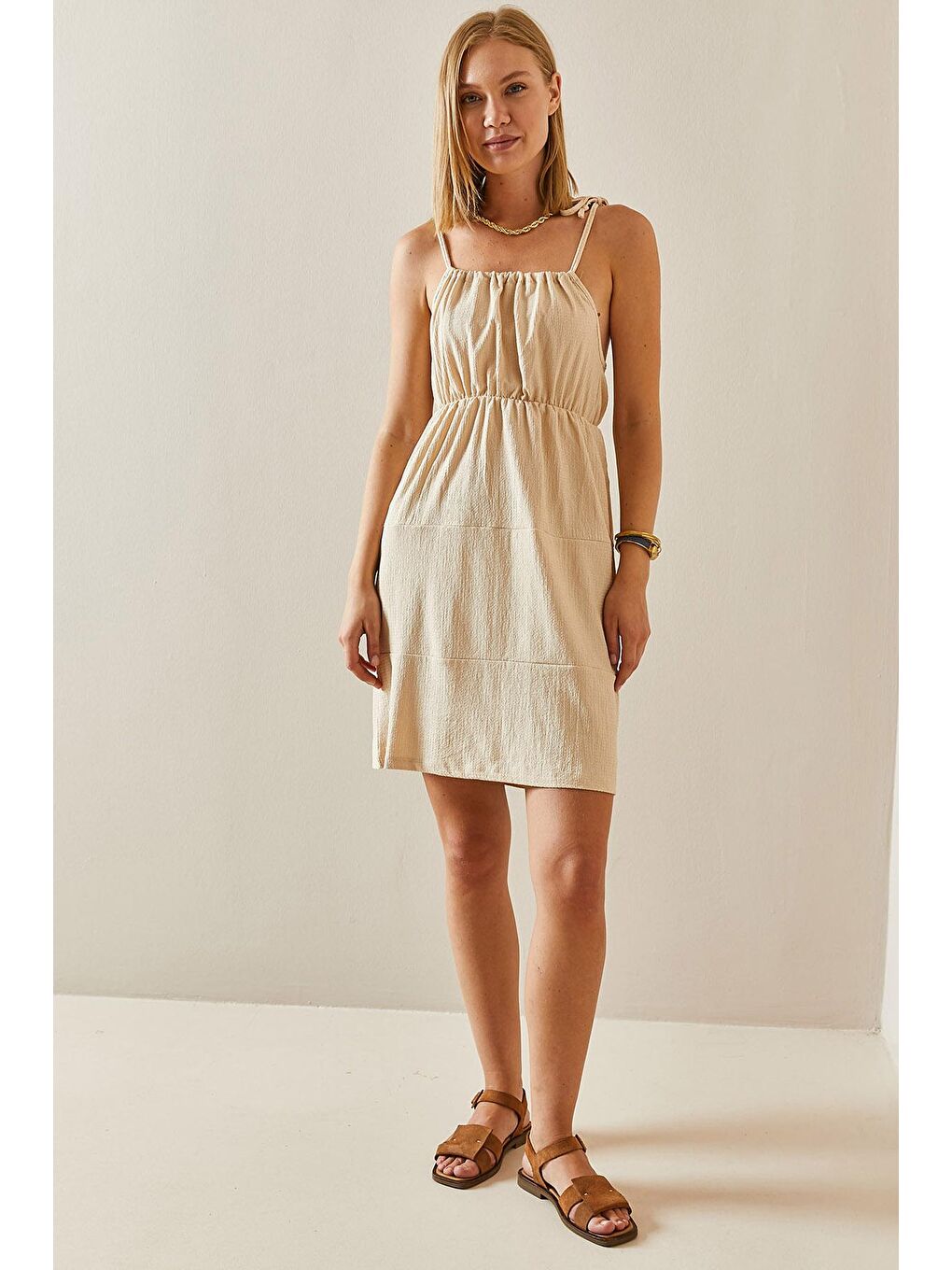 Bej Dokulu Boncuk Askılı Elbise 3YXK6-47449-25-1