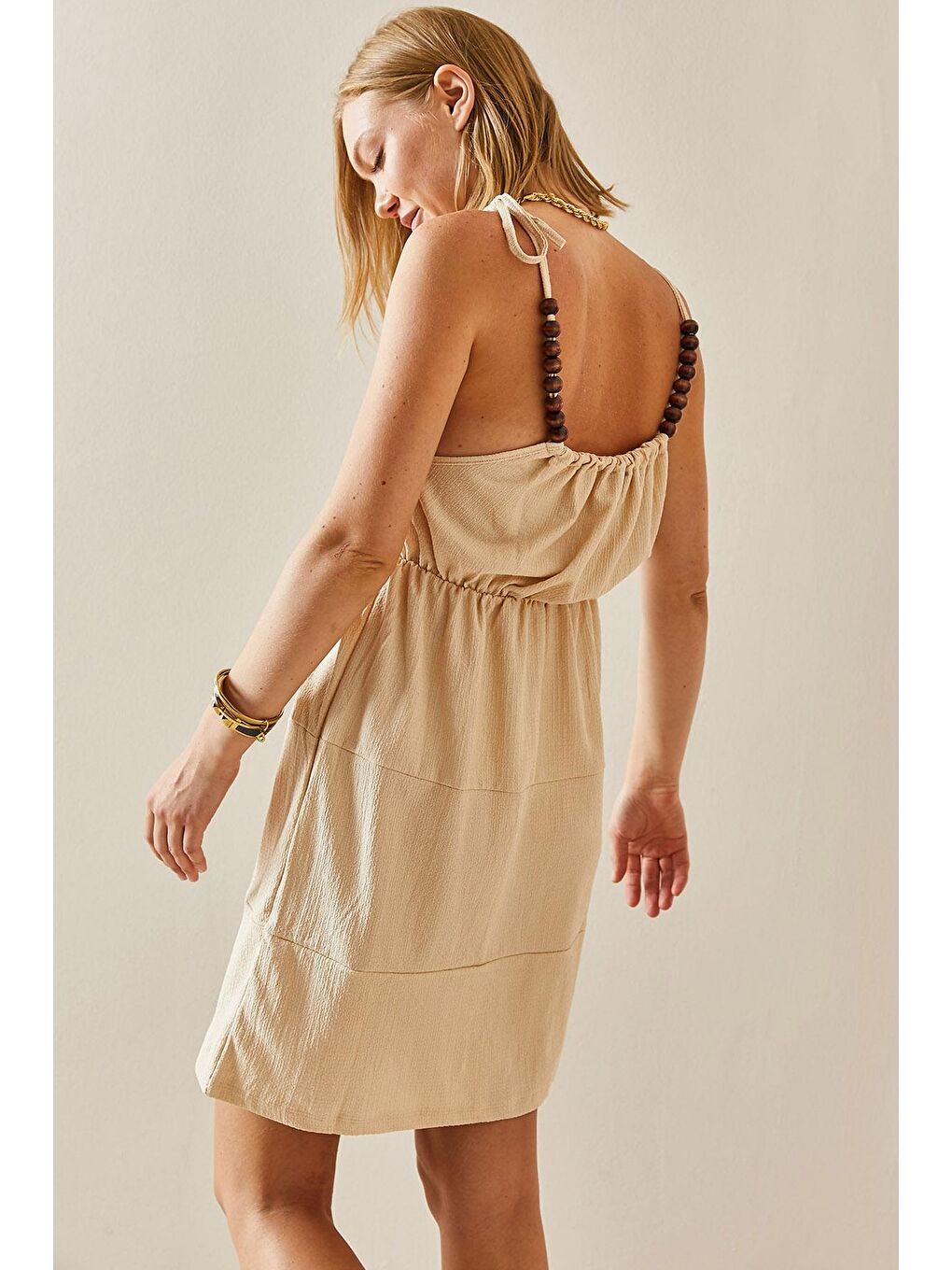 Bej Dokulu Boncuk Askılı Elbise 3YXK6-47449-25-2