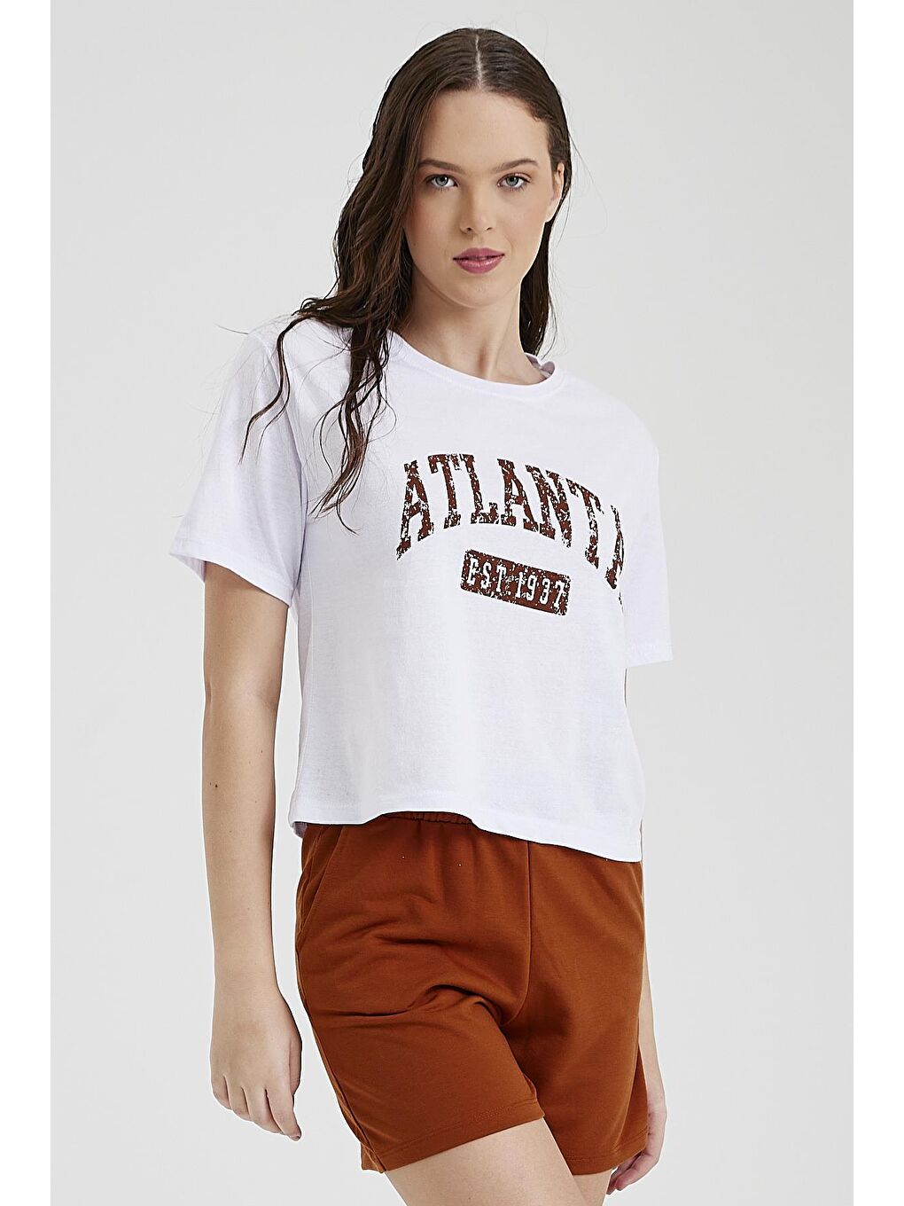 Kahverengi Kadın Yazı Baskılı Tişört-3