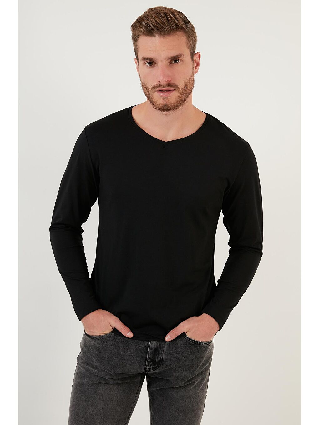 Siyah Pamuklu Bisiklet Yaka Slim Fit Basic Sweat 5905068-3