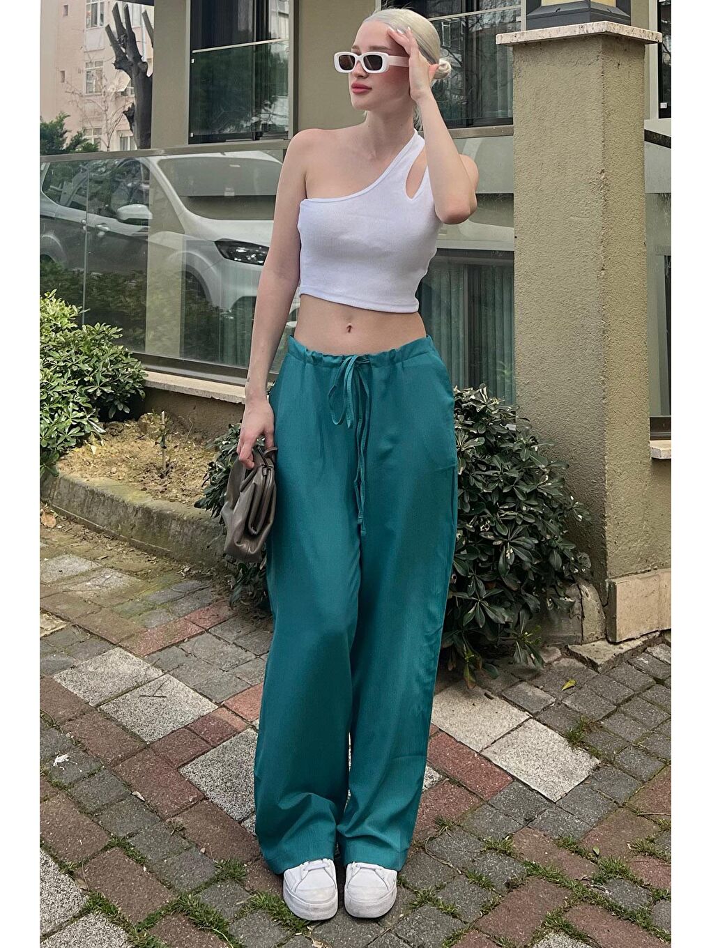 Zümrüt Yeşili Krinkıl Kumaş Basic Kadın Plaj Pantolon Mg1778