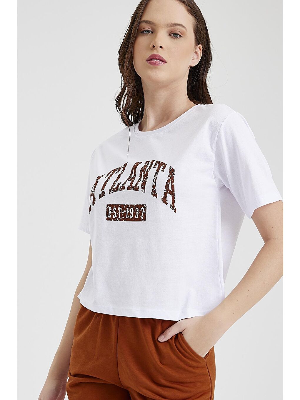 Kahverengi Kadın Yazı Baskılı Tişört-4