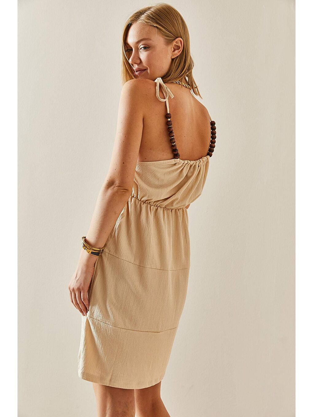 Bej Dokulu Boncuk Askılı Elbise 3YXK6-47449-25-3